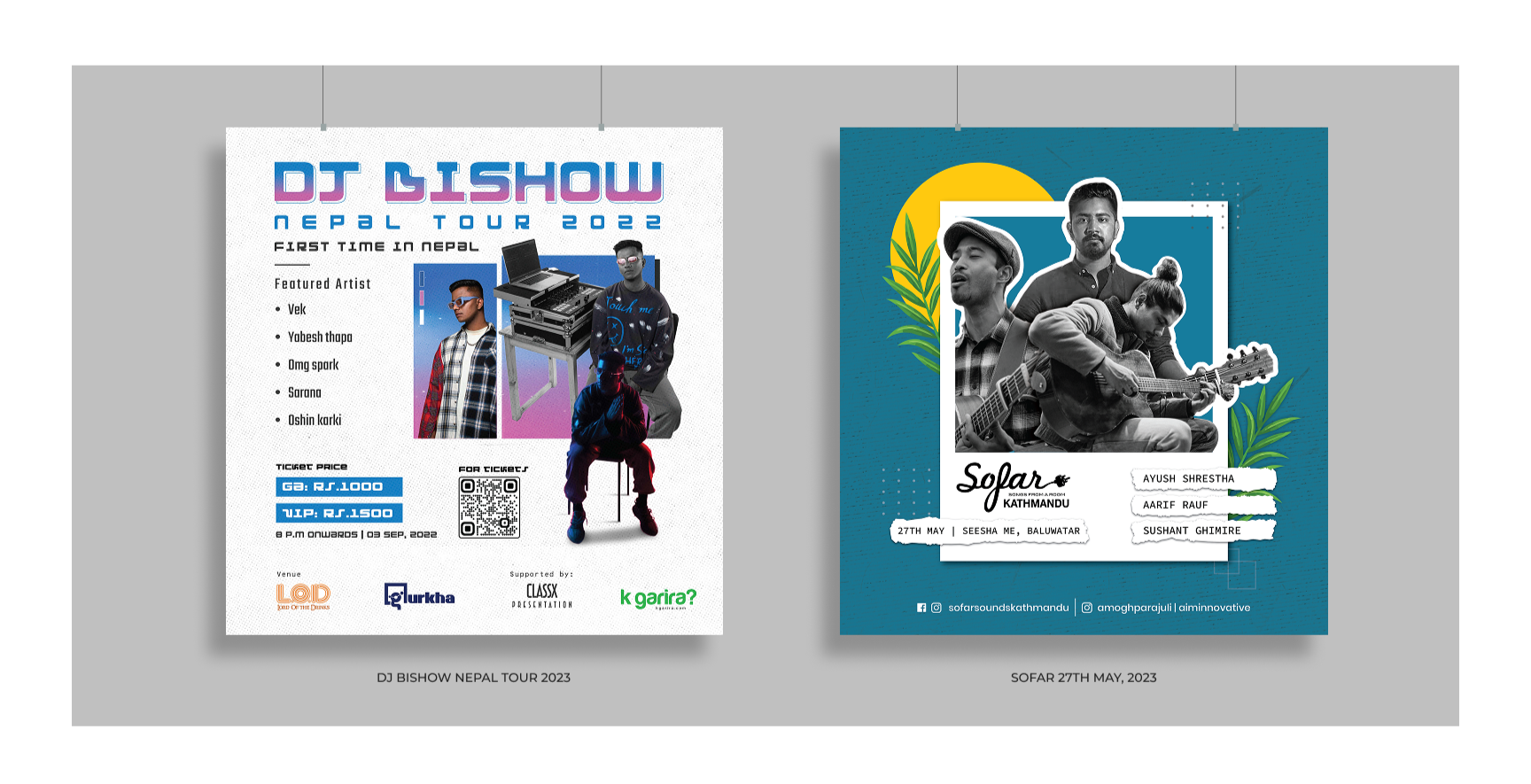 Two posters of musical events. The left poster is for DJ Bishow Nepal Tour 2022, featuring three young men, a DJ setup, and ticket pricing details. The right poster advertises a live acoustic music event at Sofar Kathmandu with three musicians, one playing guitar, and event date and location.