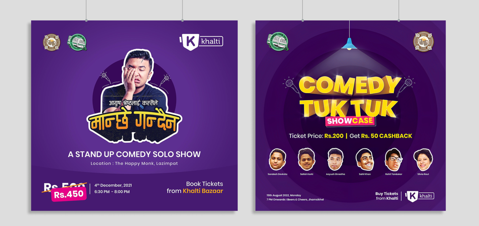 Two promotional posters. The left poster advertises a stand-up comedy concert, featuring a sound man with a hand over his face, with text in Nepali, date December 4, 2021, ticket price Rs. 450, venue The Happy Monk, Lazimpat. The right poster advertises a comedy show titled 'Comedy Tuk Tuk Showcase', featuring photographs of six comedians, with ticket price Rs. 200, cashback offer Rs. 50, date August 15, 2022, and location details.