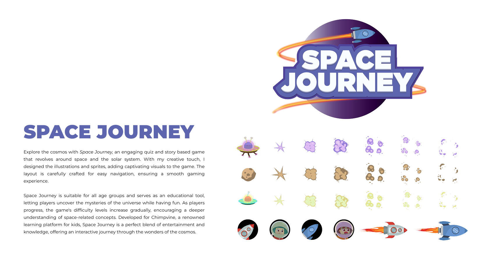 Illustration of the Space Journey game interface, showing an array of space-themed icons, characters in spacesuits, and rockets, with a game logo at the top right.