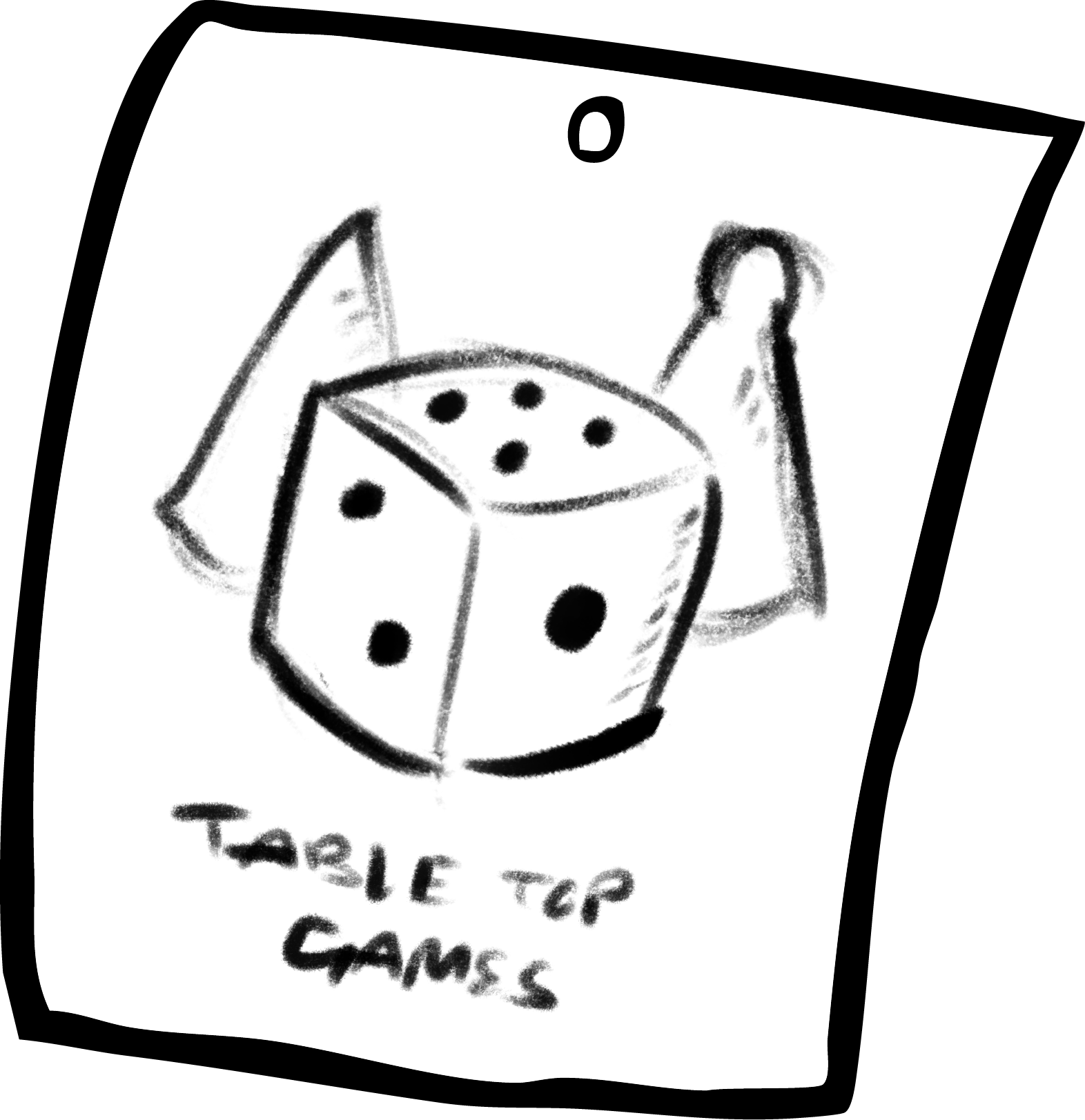 A hand-drawn illustration of a dice and playing cards with the words "Table Top Games" written underneath.