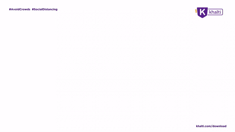 A blank white digital template with purple hashtags #AvoidCrowds and #SocialDistancing in the top left corner, and a purple Khalti logo in the top right corner. A URL for Khalti's download page is in the bottom right corner.