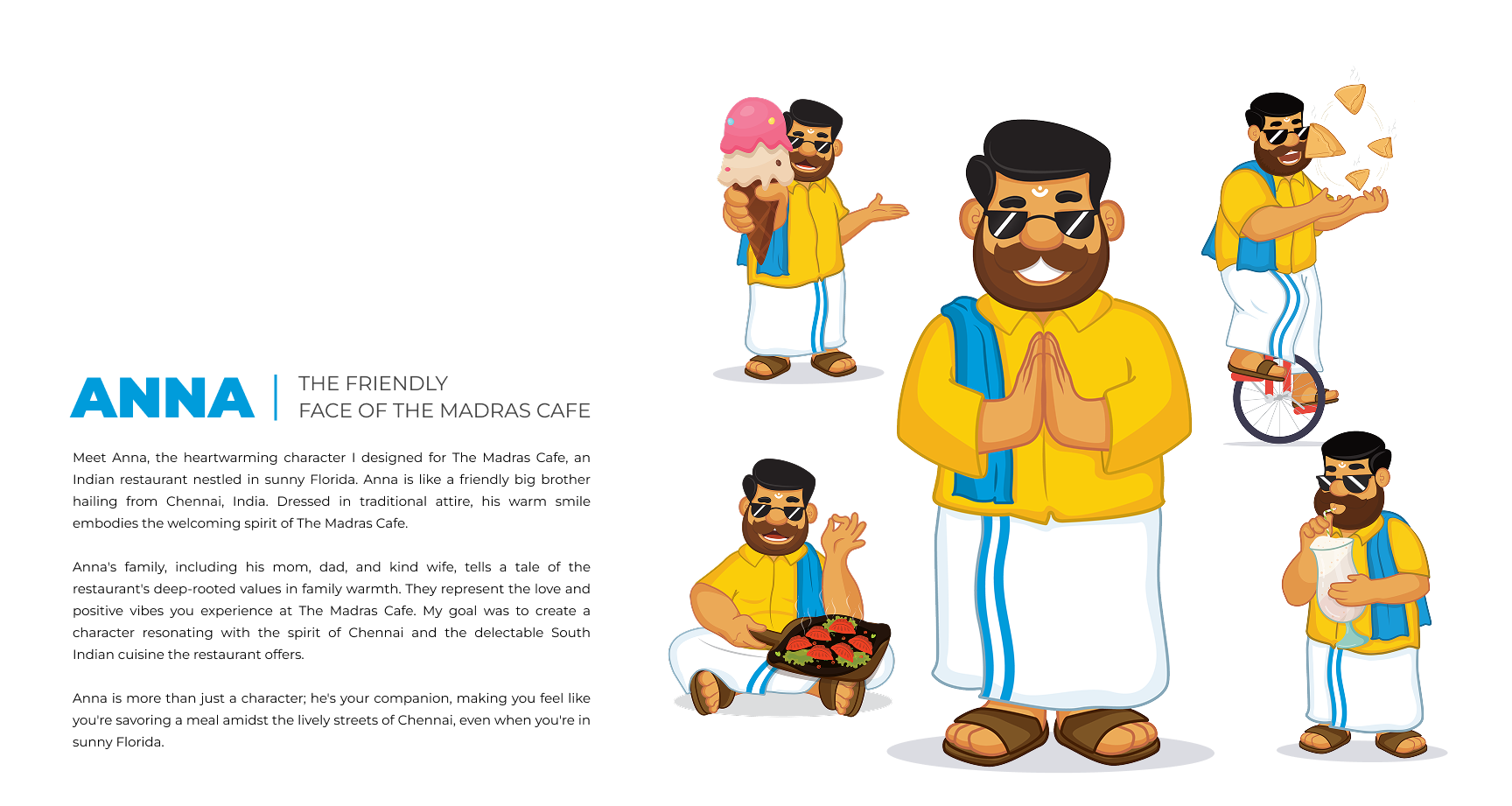 Cartoon illustration of a cheerful Indian man in traditional attire and sunglasses, depicted in various poses, including holding an ice cream, riding a unicycle, eating a snack, and sitting with a tray of food, representing the character Anna from The Madras Cafe.