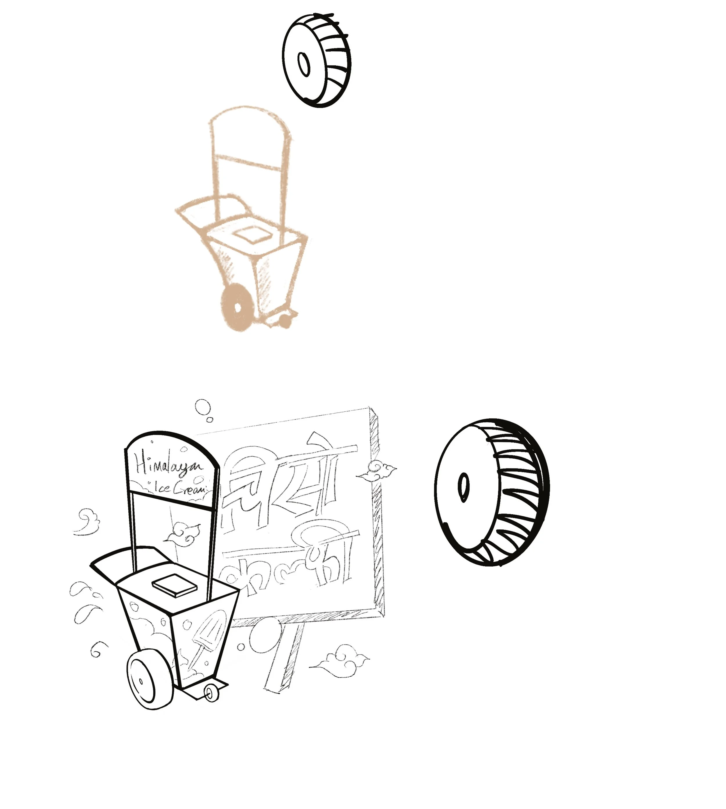 Sketch of a Himalayan ice cream cart with a sign, clouds of vapor, and two large dice with a spinning wheel or prize wheel above.