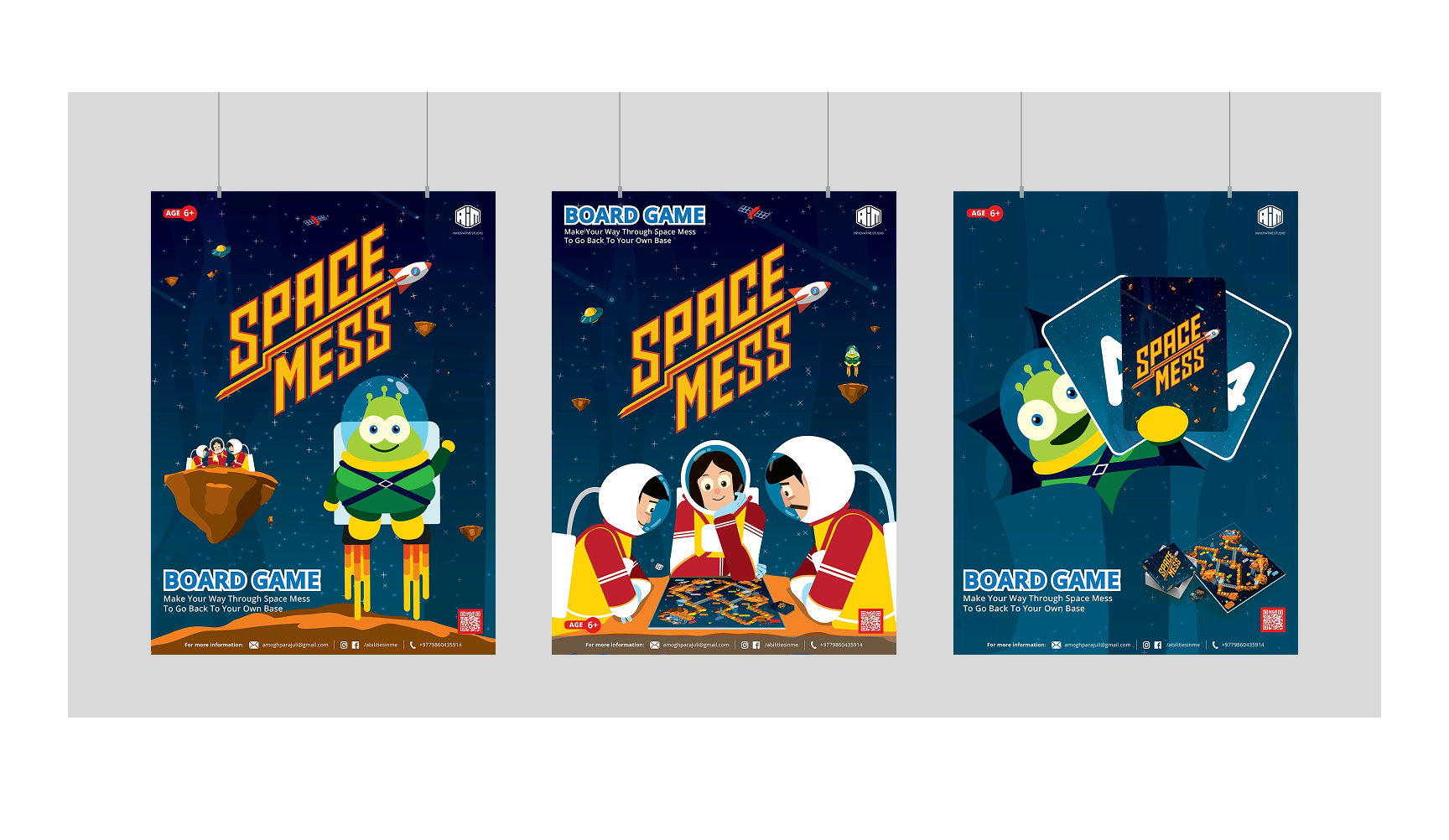 Three posters for the space-themed board game 'Space Mess.' The first depicts an alien spaceship and a floating island with astronauts, the second shows three children in space suits playing the game, and the third displays the game set up with cards and a game board, all against a starry space background.