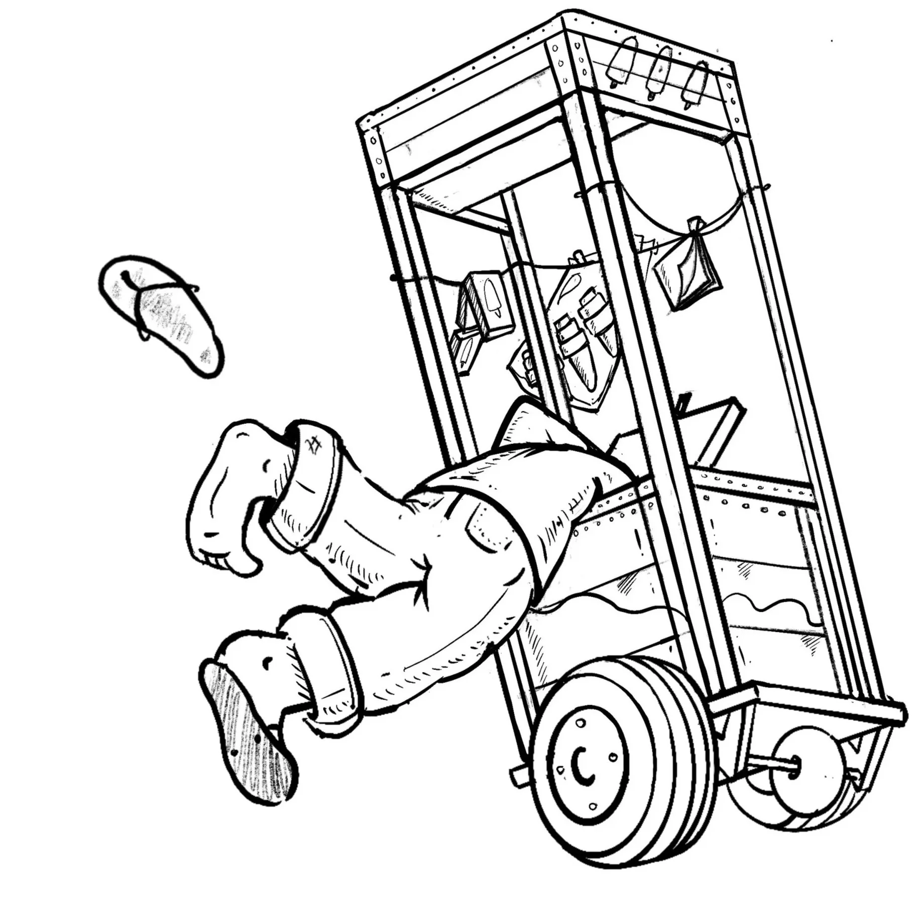 Black and white line drawing of a person falling backward from a cart with a smiley face on the wheel, with objects inside the cart and a shoe flying off.