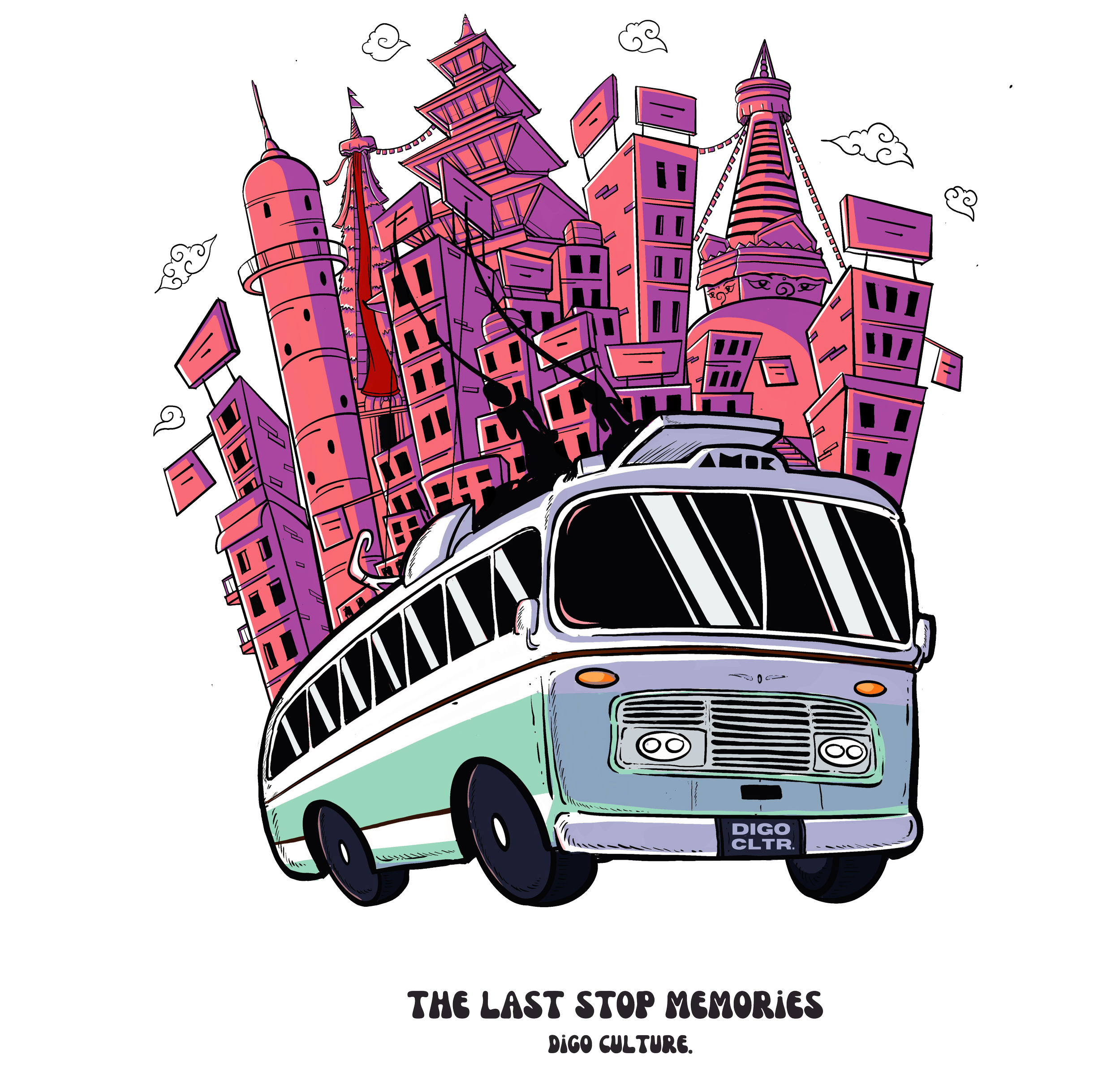 A cartoon illustration of a bus with skyscrapers on its roof, flying through a dark sky with clouds. The bus has a white and green color scheme and a license plate reading 'DIGO CLTR.' Below, it says 'The Last Stop Memories' and 'Digo Culture.'