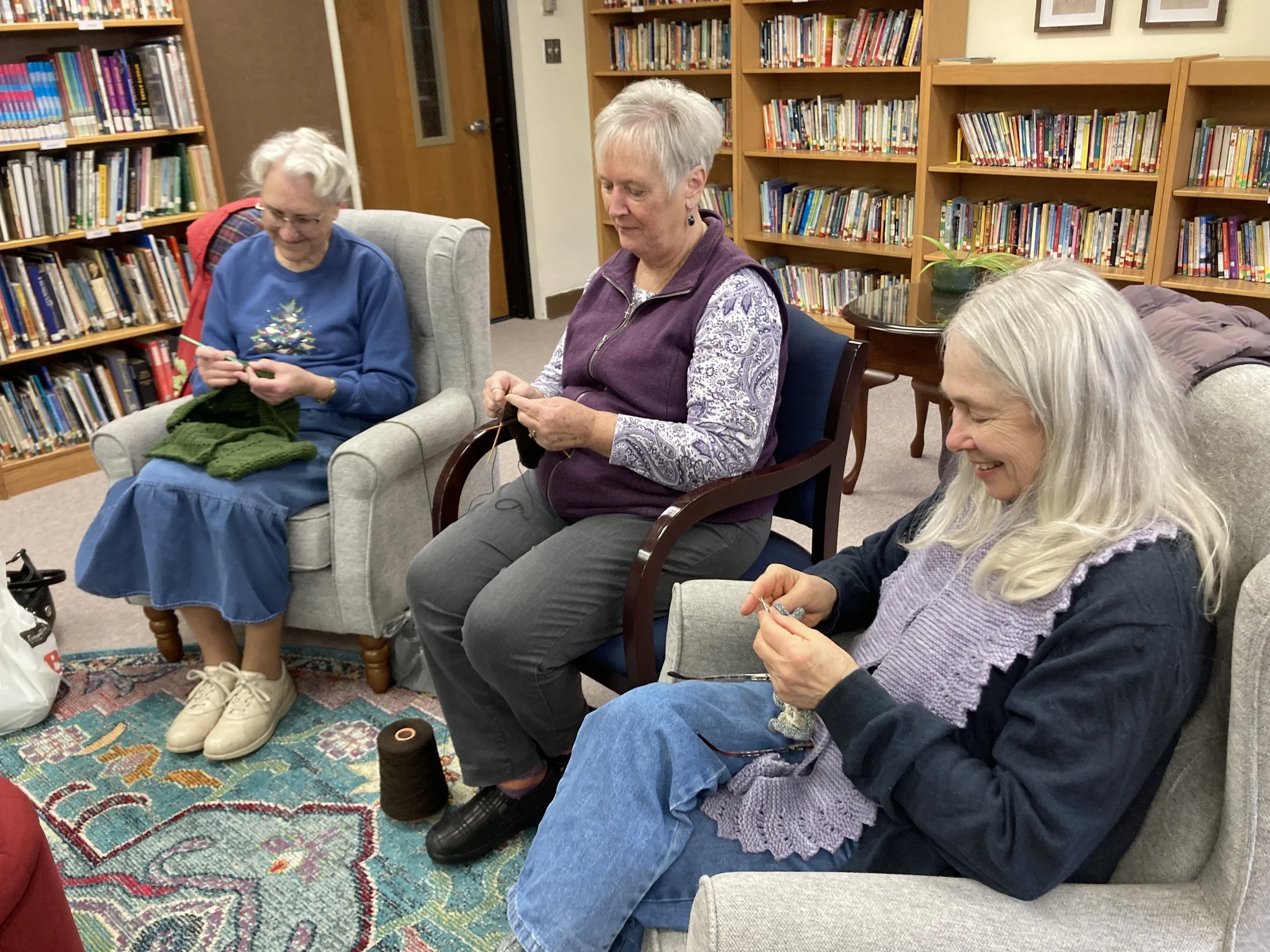 Three women from the Fiber Group knitting and chatting in a cozy library with bookshelves in the background.