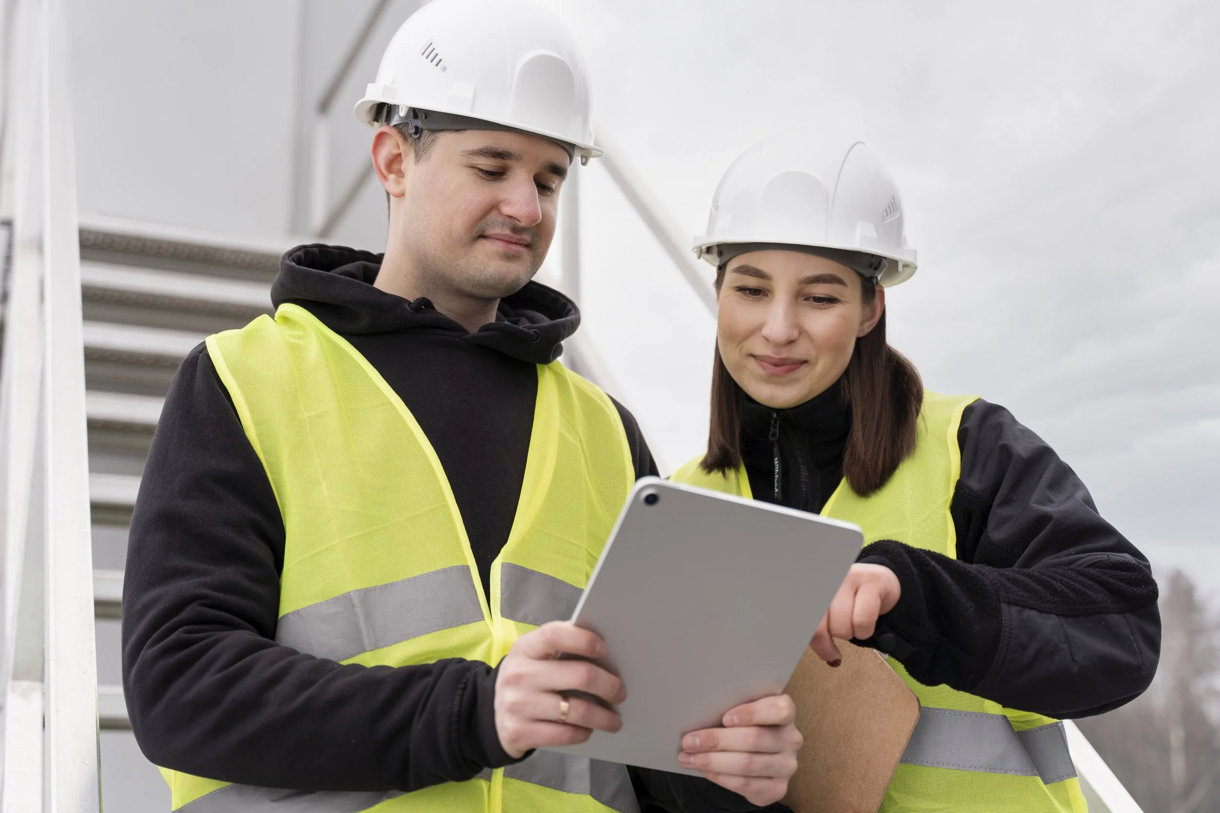 Two construction workers wearing white safety helmets and yellow safety vests looking at a tablet together outside.