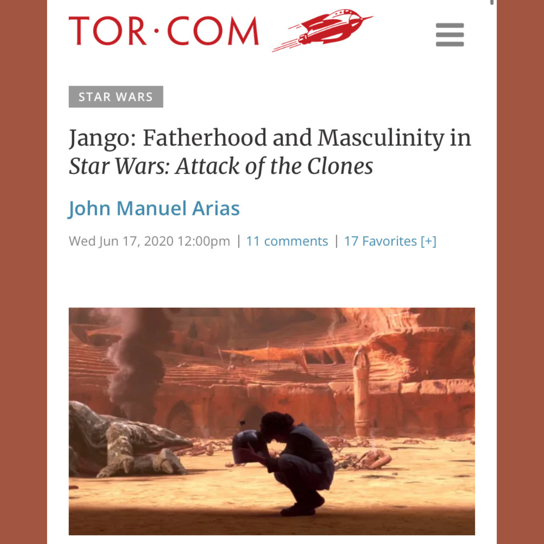 "Jango: Fatherhood and Masculinity in Star Wars: Attack of the Clones" for Reactor Mag