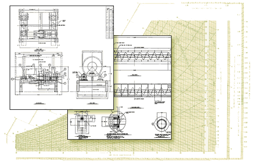 Engineering blueprint with technical drawings and measurements, including detailed schematics and a grid pattern.