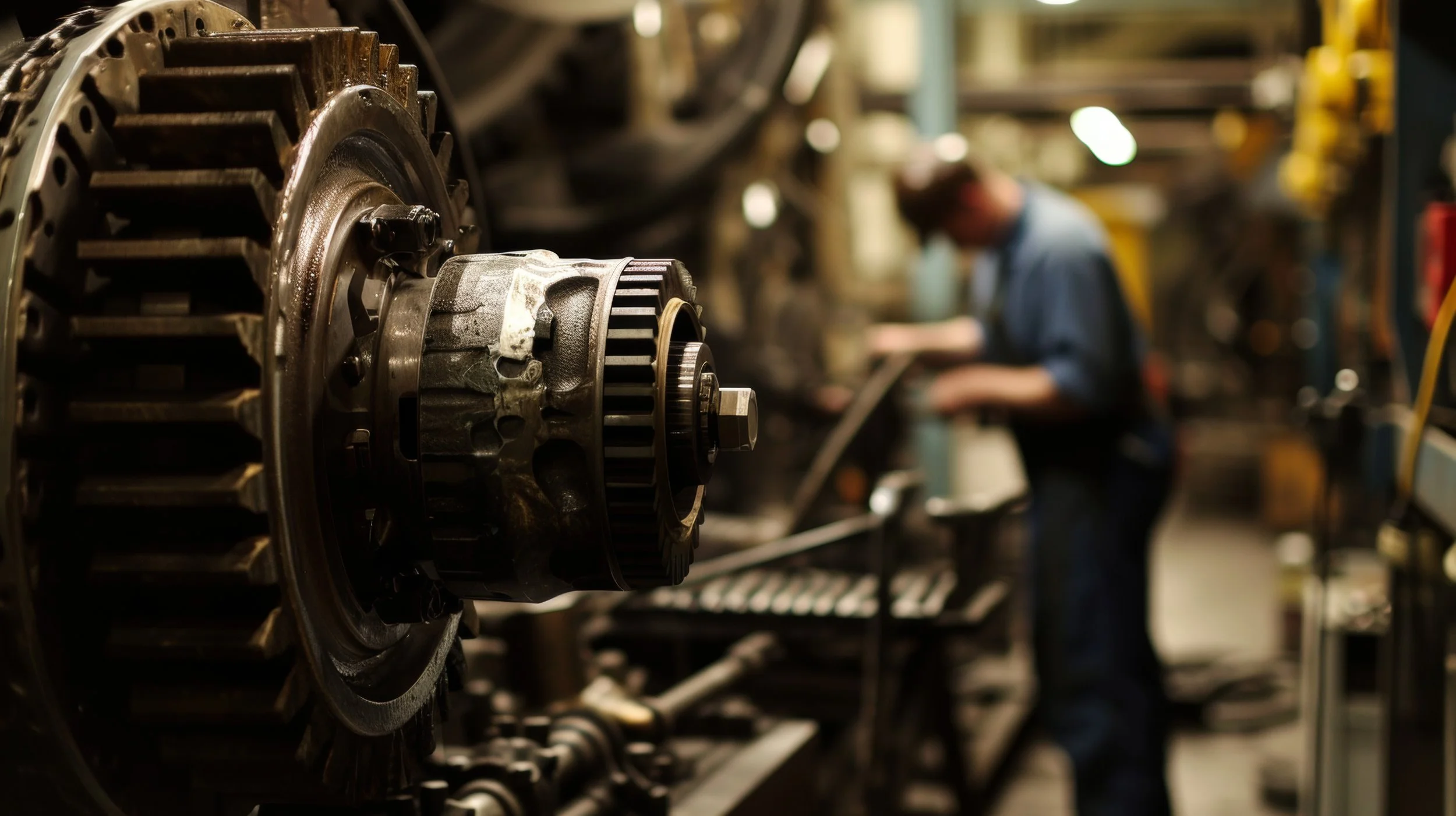 Close-up of mechanical gears and parts in a factory or repair shop with a blurred worker in the background.