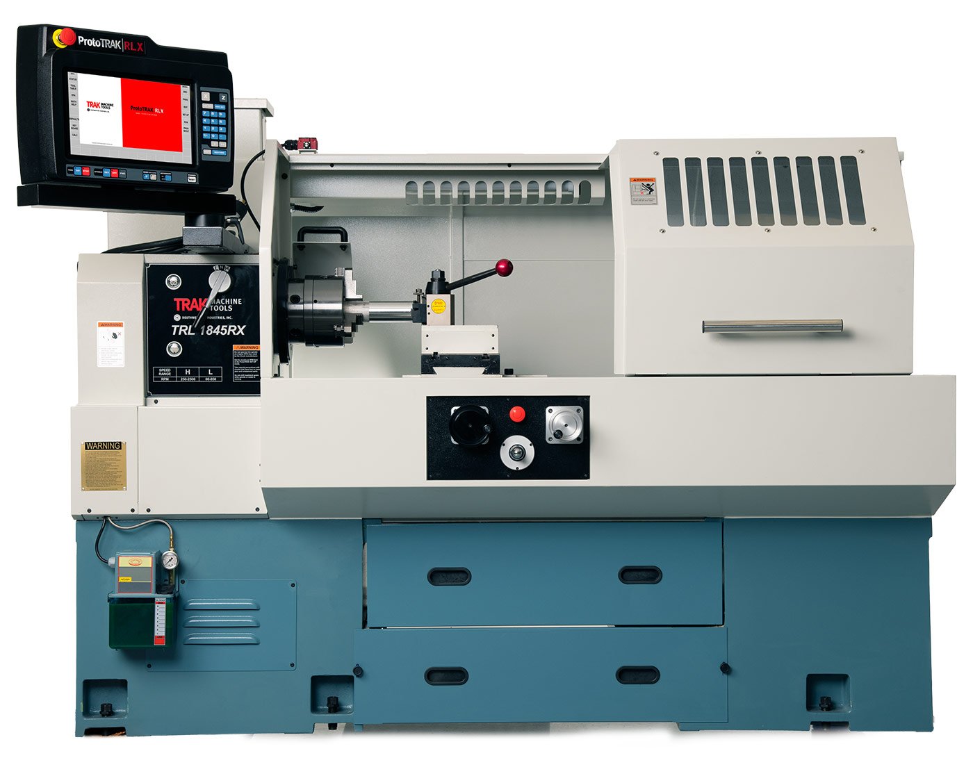 A computer-controlled lathe machine used for metalworking, with a digital display screen on top, various dials, and control buttons.