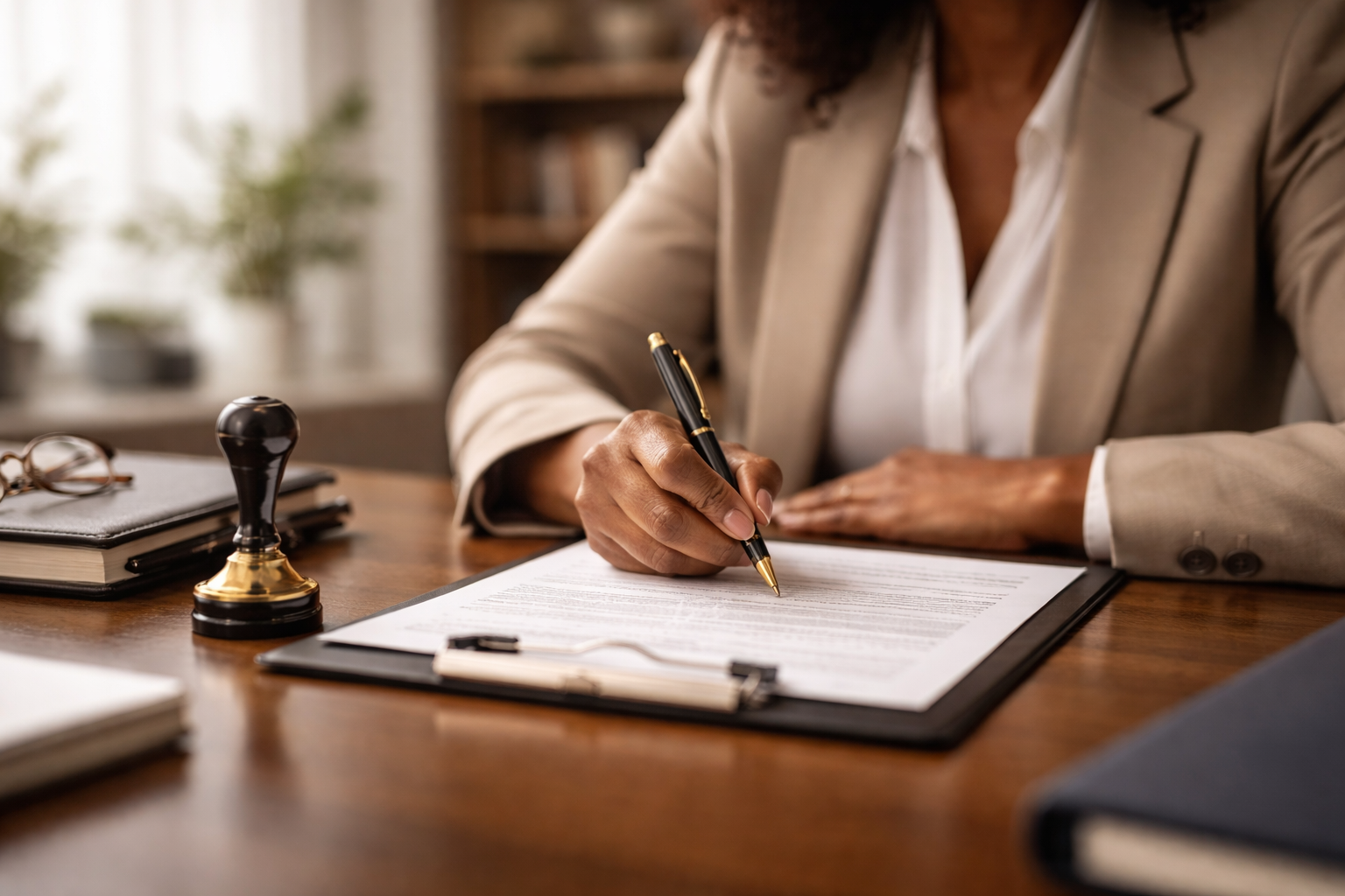 A person signing a legal document at a wooden desk, with a notary stamp for mobile notary services in North Carolina.