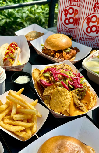 A tray of fast food including fries, a hot dog with mustard and ketchup, a fried chicken sandwich, a basket of nachos with beef, cheese, and pickled onions, and two cups of popcorn.