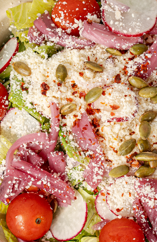 Close-up of a fresh vegetable salad with cherry tomatoes, radishes, lettuce, pink onions, pumpkin seeds, mozzarella cheese, and seasoning.