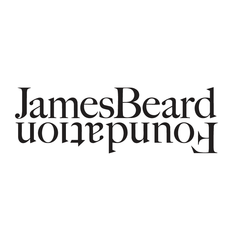 Black background with the name 'James Beard' in large, gray, capitalized letters, and a reflection of the name underneath.