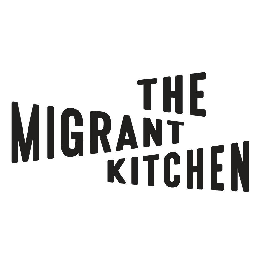 Black text logo that says "The Migrant Kitchen" with a small graphic of a person carrying a basket on their head.