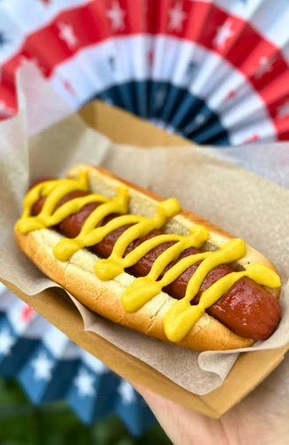 Hot dog in a bun topped with mustard