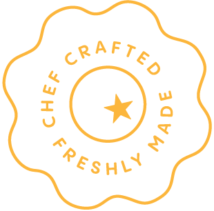 A logo shaped like a scalloped circle with a star in the center, featuring the text 'Chef Crafted Freshly Made' around the star.
