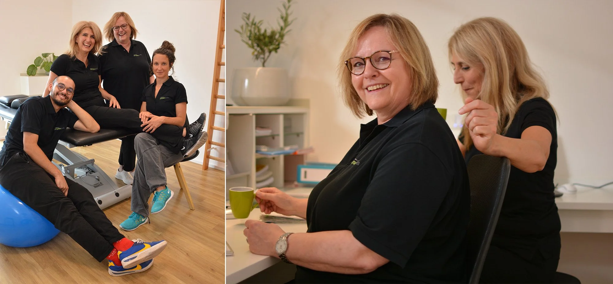 Gruppenfoto von fünf Menschen in einem Fitnessstudio auf der linken Seite, die zusammen lachen und posieren; auf der rechten Seite eine Frau mit Brille, die an einem Schreibtisch sitzt und eine Kaffeetasse hält, während eine weitere Person im Hinterg