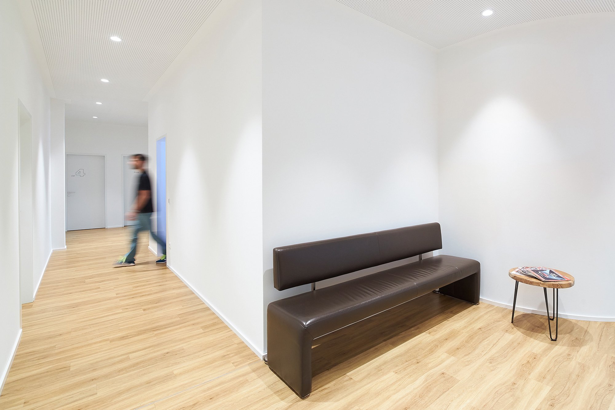 Malteser in einem weiß gestrichenen, modernen Flur mit Holzfußboden, braunem Wartebank und kleinem Beistelltisch.