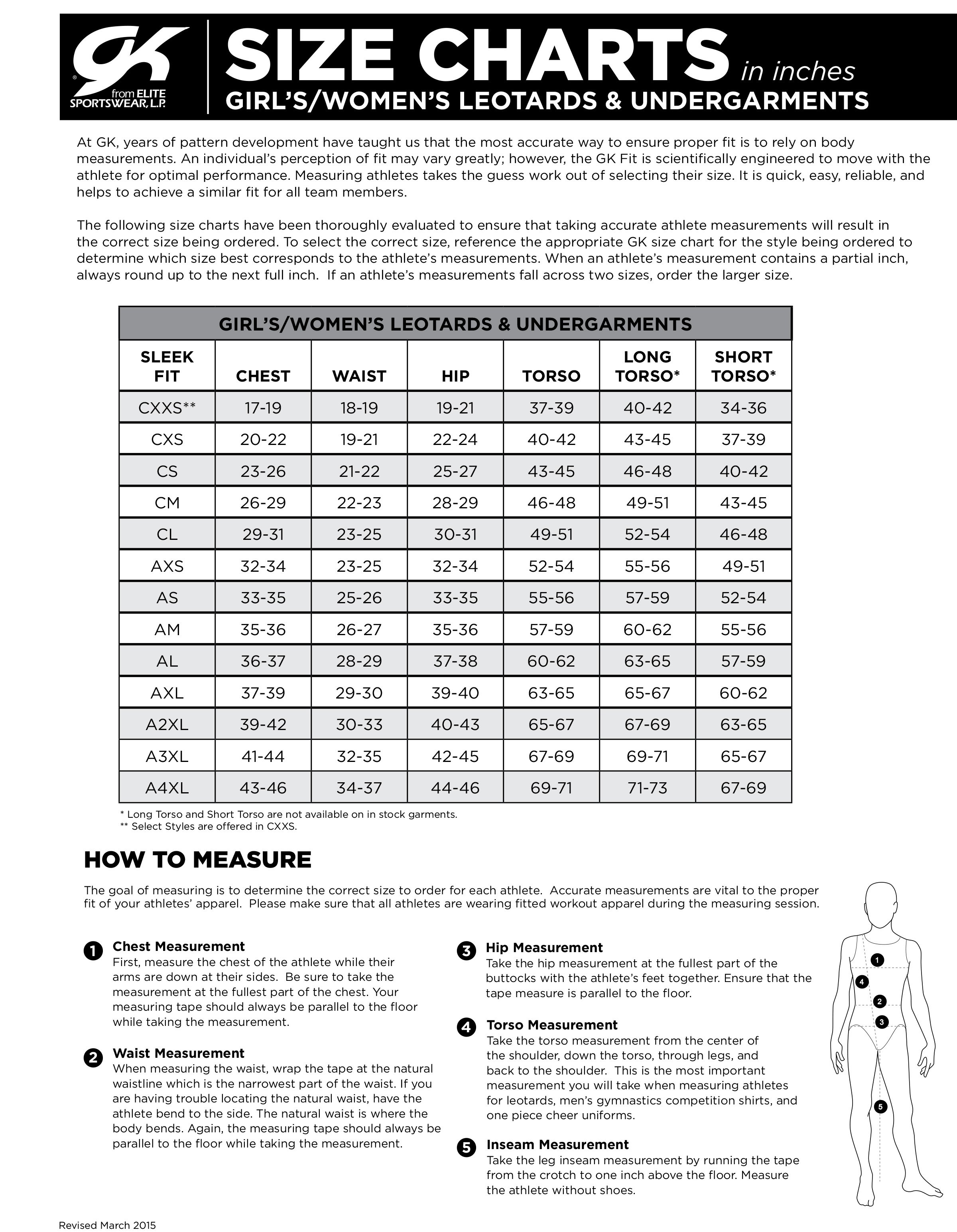 GK Size Chart for gymnastics leotards