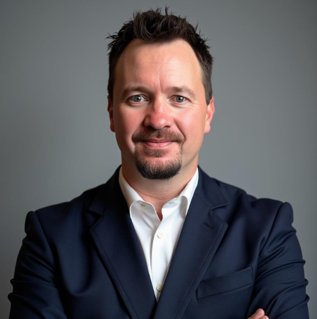 Drew Hanson, Portrait of a man in a suit crossing his arms, smiling, with a plain gray background.