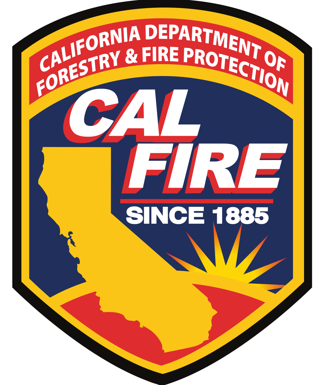 A California Department of Forestry and Fire Protection badge with a yellow silhouette of the state of California, a red and yellow sunburst at the bottom, and text including 'CAL FIRE' and 'Since 1885'.