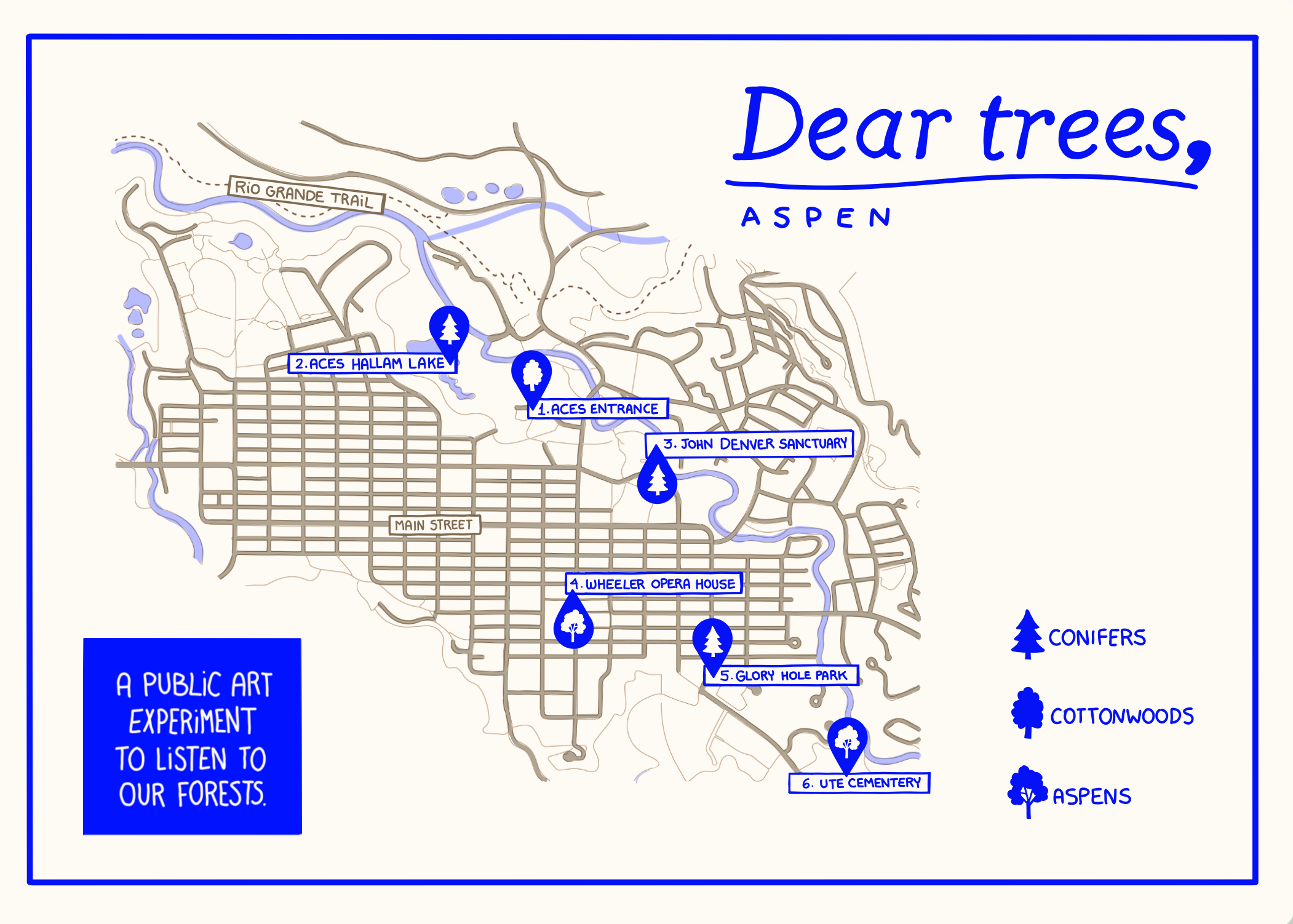 Hand-drawn map of Aspen showing the six Dear Trees locations.