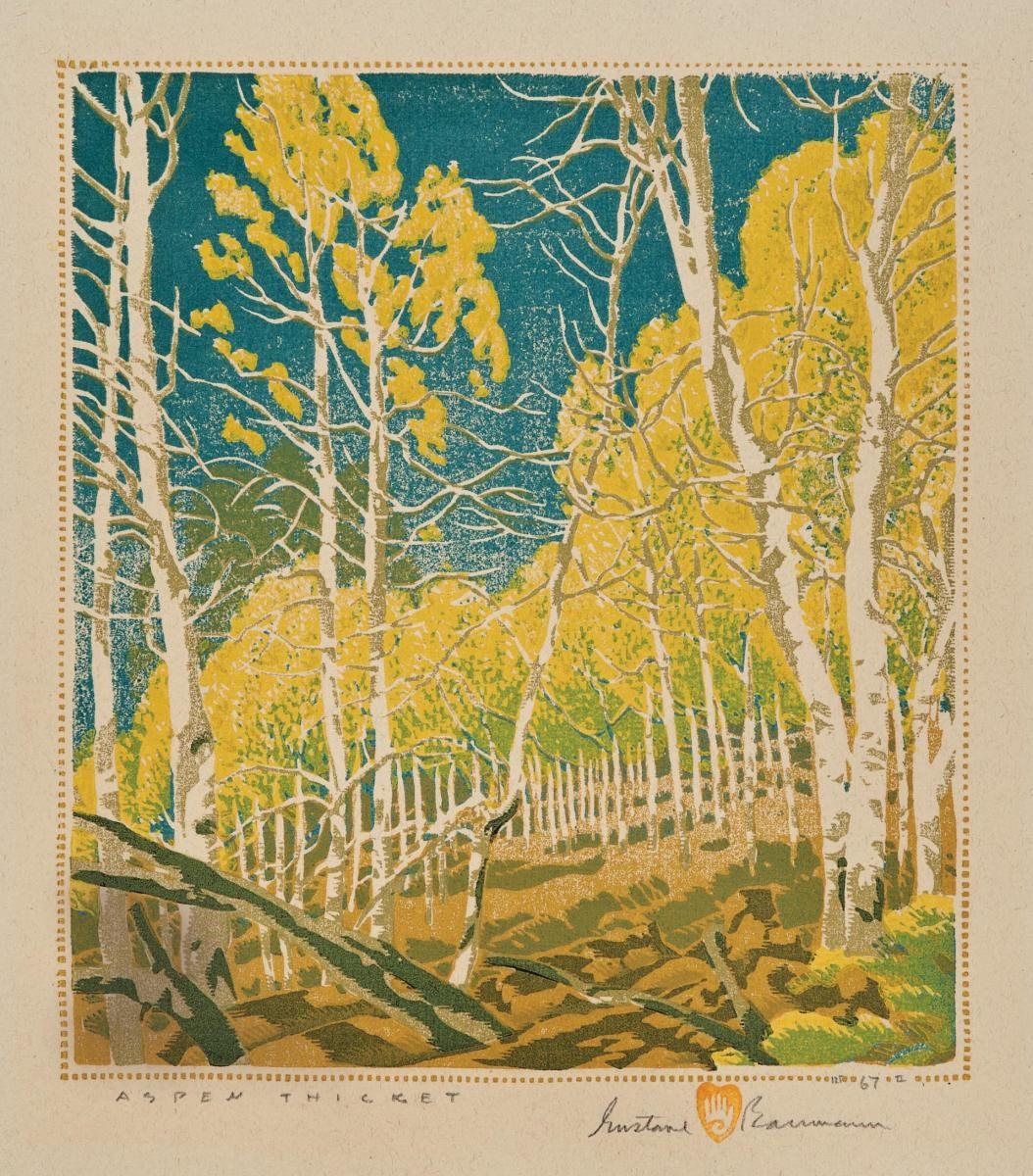 A painting of a forest scene with trees, some with yellow leaves, and a dirt path with small rocks under a blue sky.