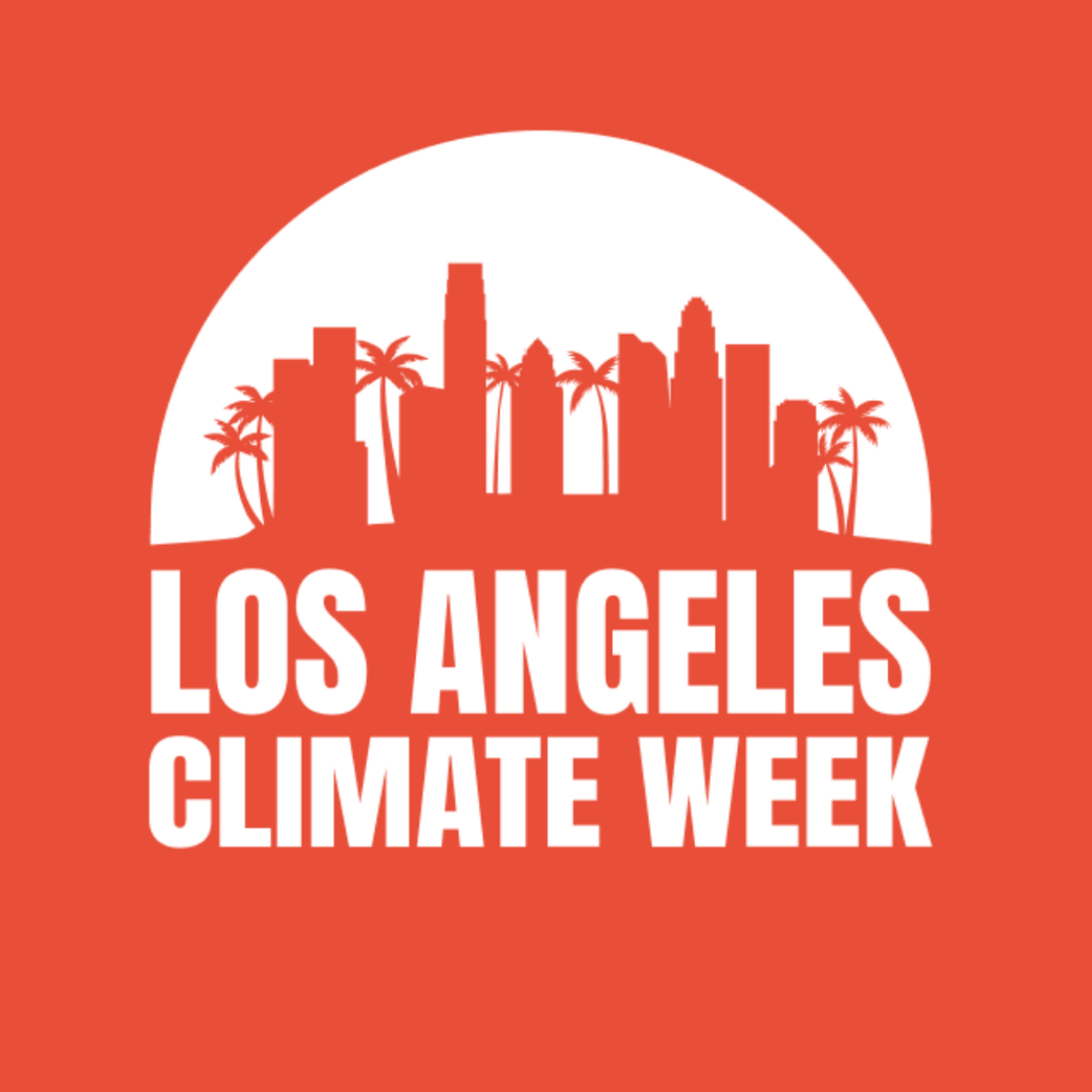 Logo for Los Angeles Climate Week featuring a white semi-circle with a city skyline and palm trees, set against a red background, with the event name in white text.