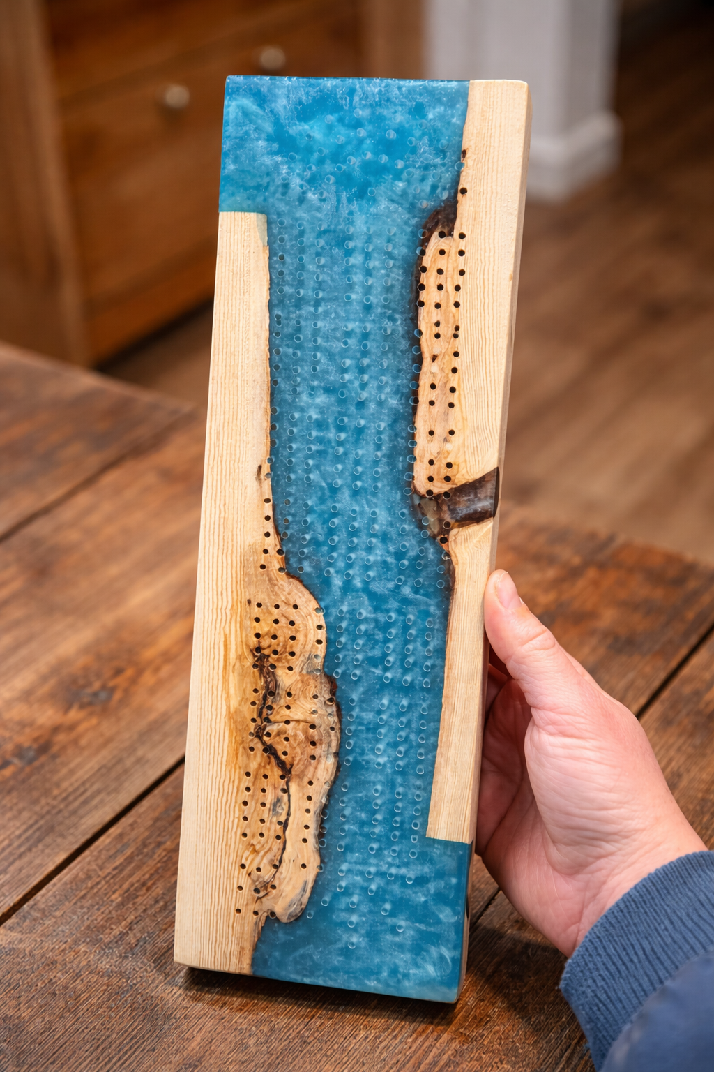 Pine Cribbage Board with Blue Epoxy River