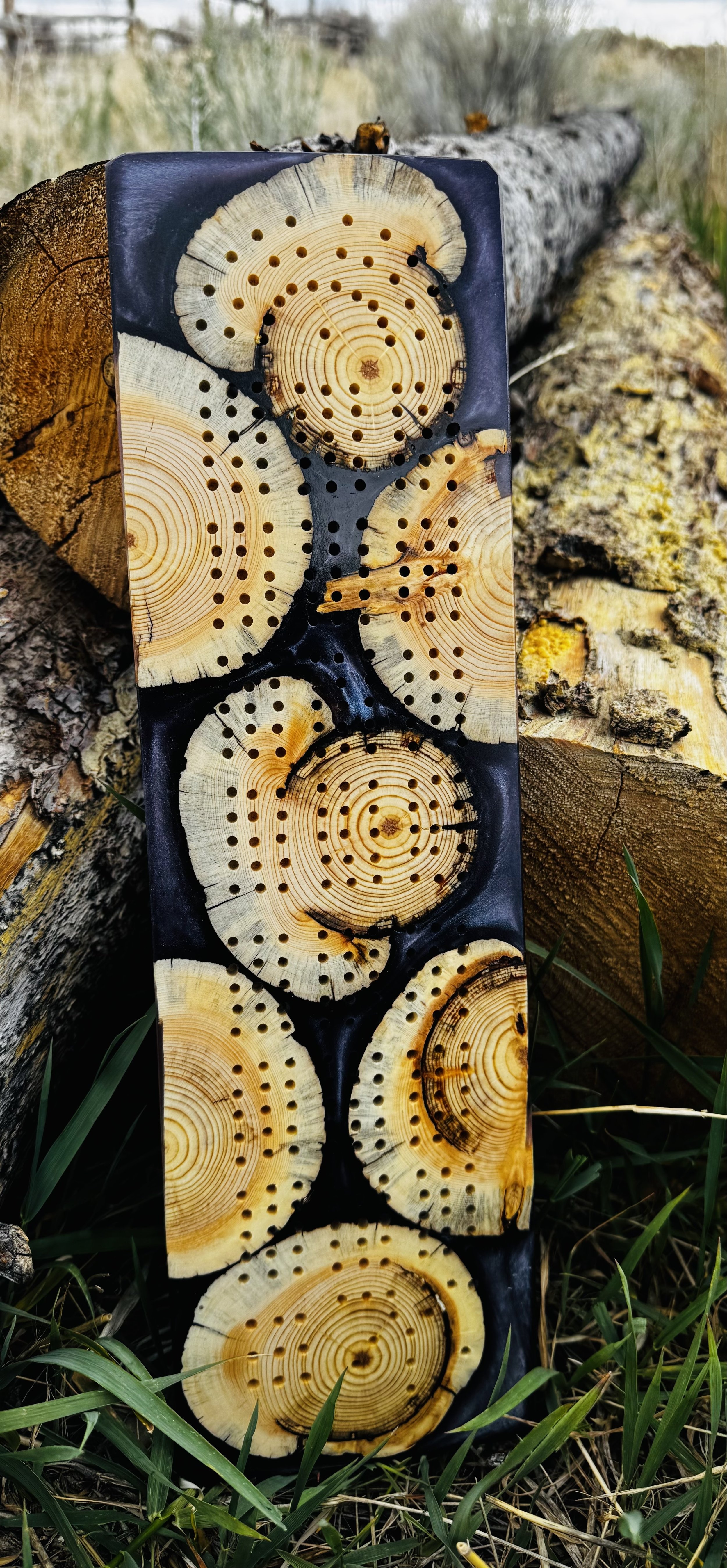 Purple Epoxy and Pine Cribbage Board