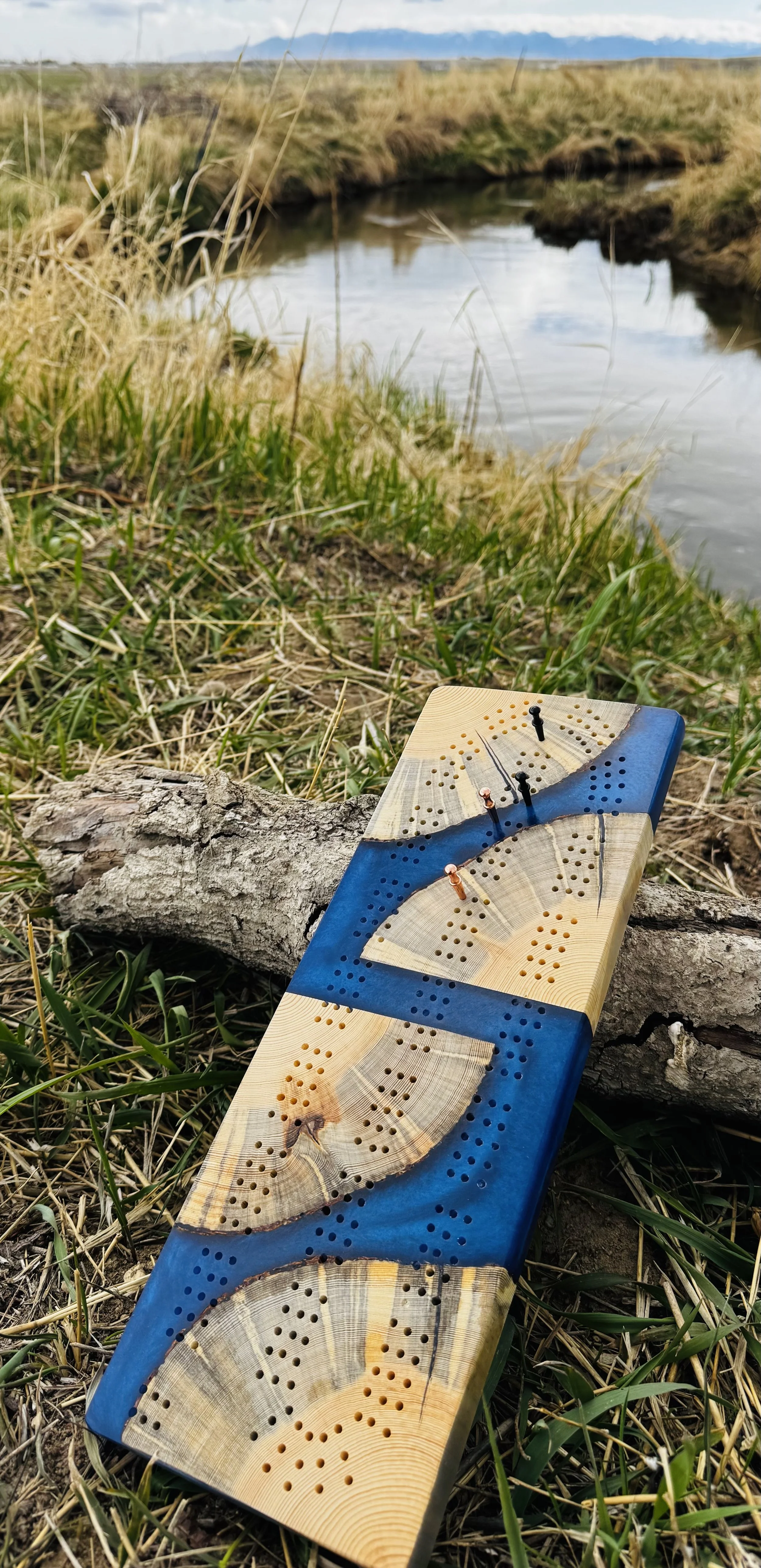 Blue Epoxy with Blue Pine Cribbage board