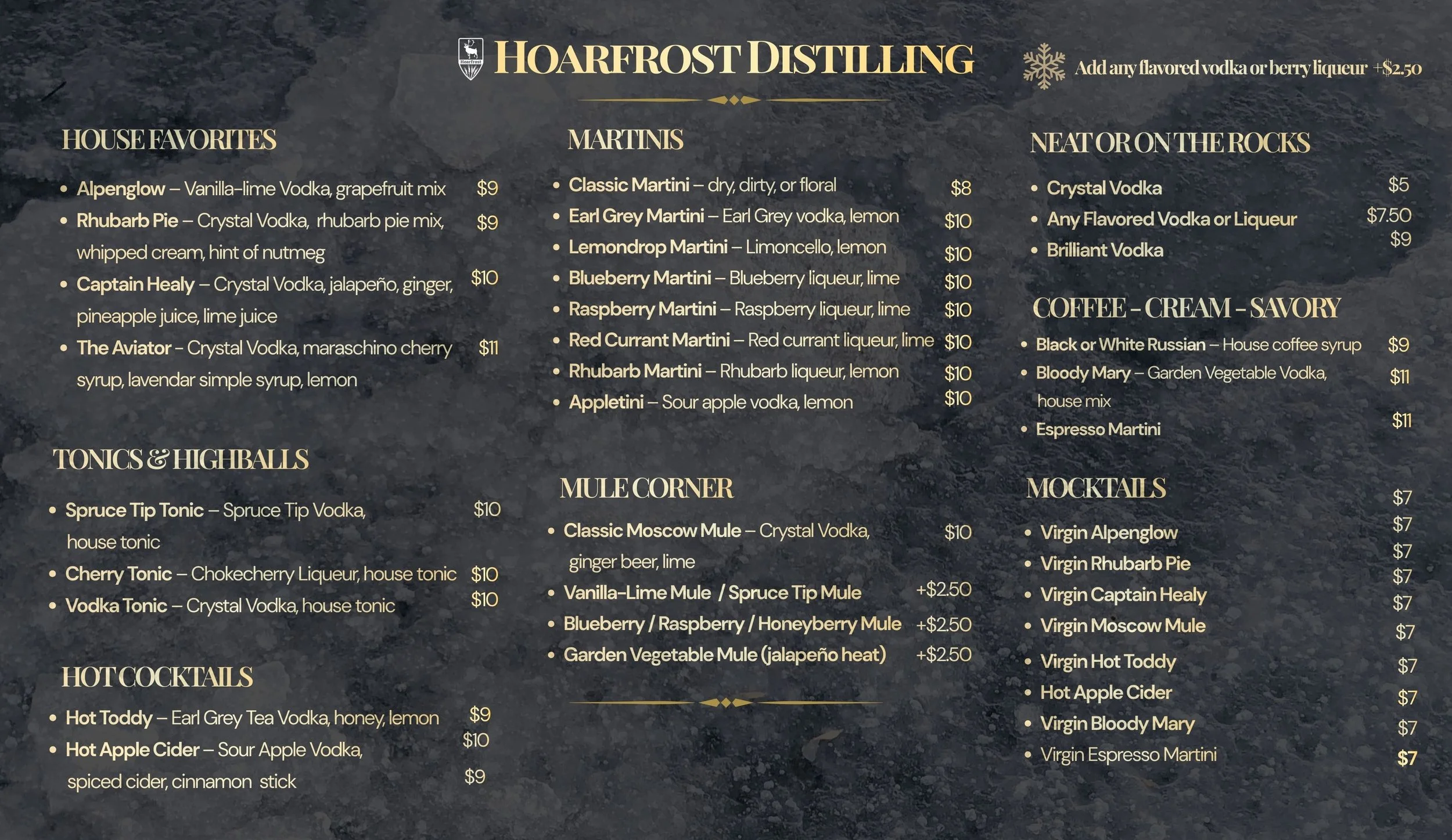 Hoarfrost Distilling cocktail menu with vodka drinks in Fairbanks Alaska tasting room.