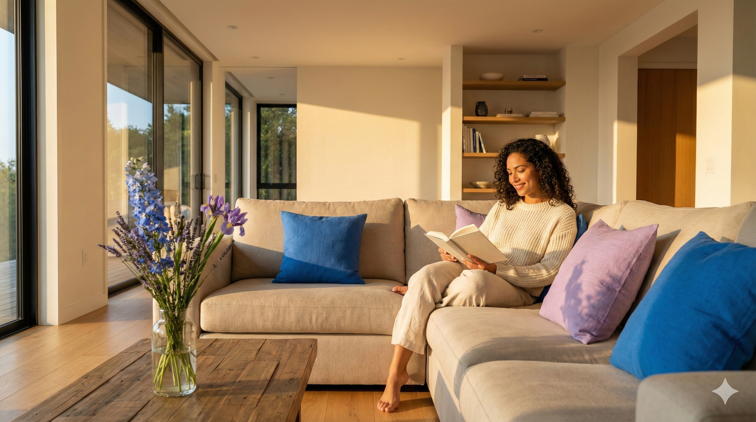 Una mujer sentada en un sofá leyendo un libro en una sala con mucha luz natural y flores en una jarra en una mesa de madera en primer plano.