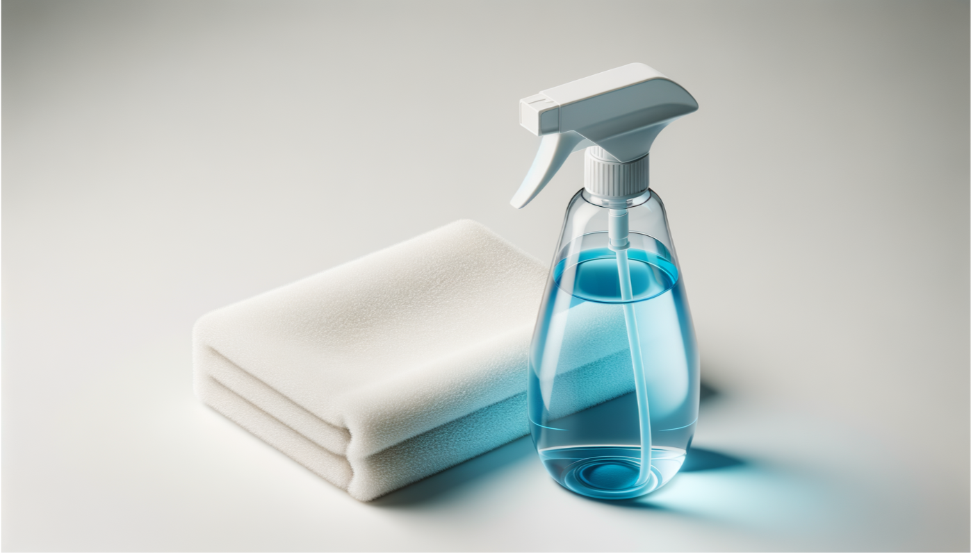 Un atomizador con líquido azul y una toalla blanca en un fondo gris claro.