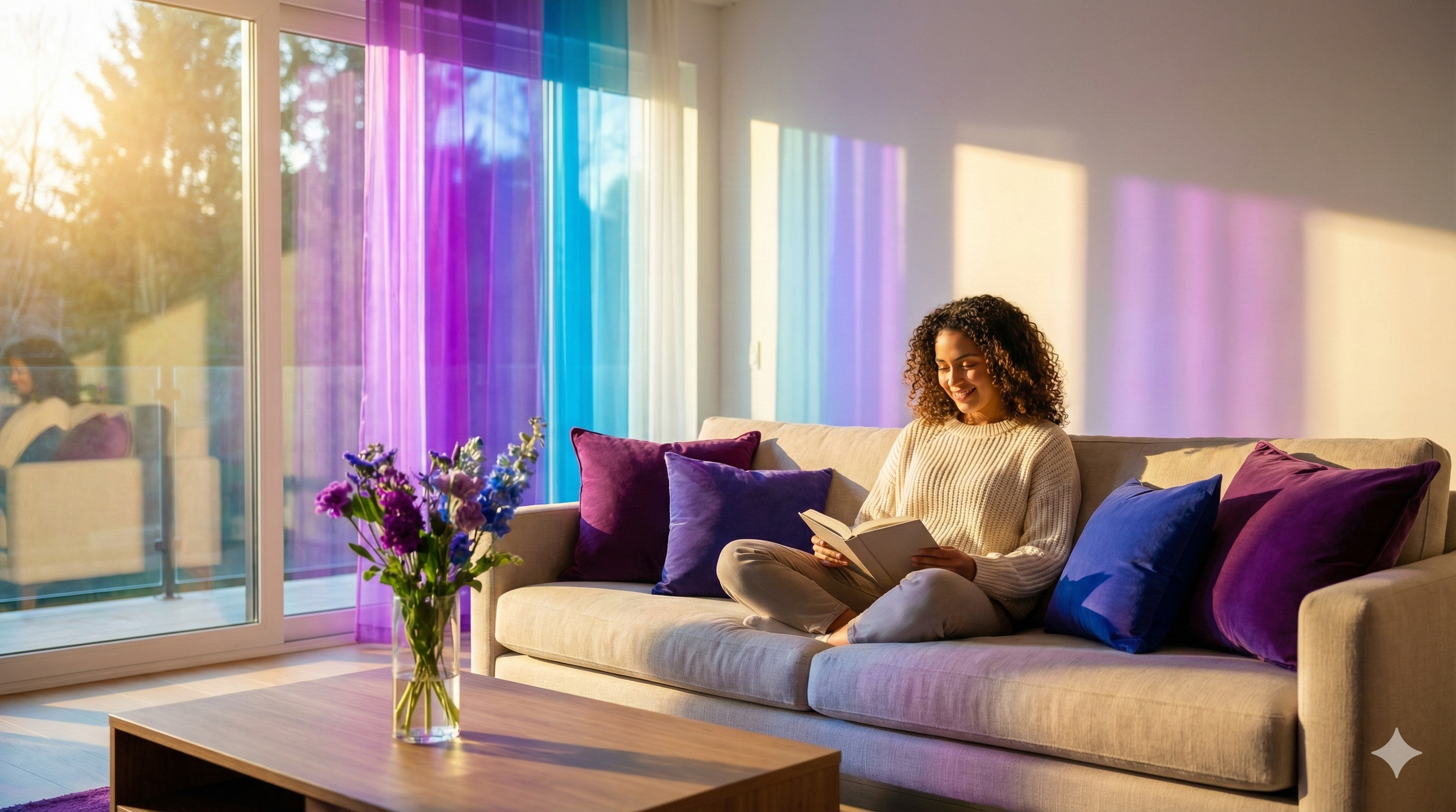 Mujer sonriendo leyendo un libro en un sofá en una sala con ventanas y cortinas de colores