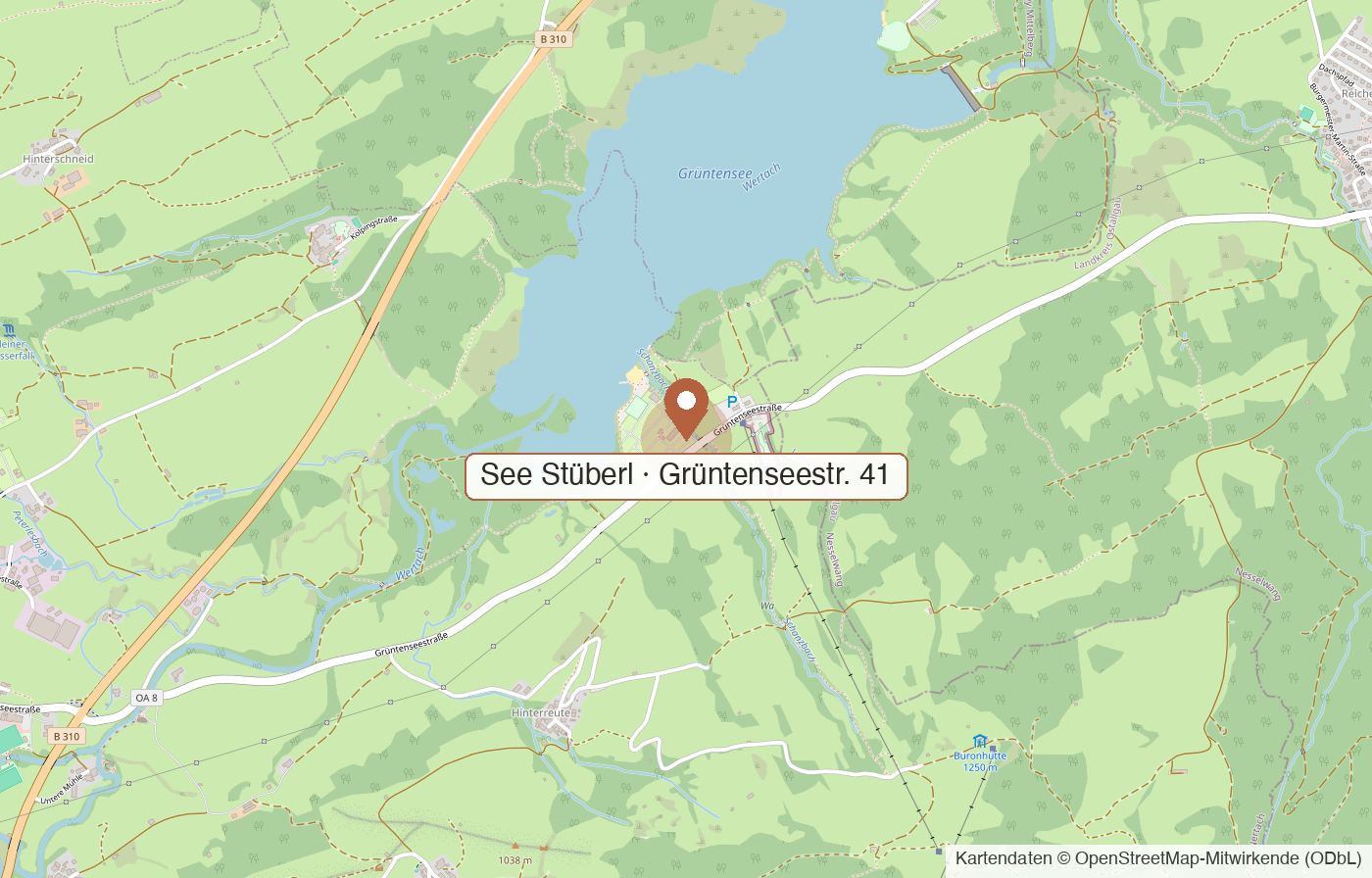 Karte: See Stüberl am Grüntensee, Grüntenseestr. 41, 87497 Wertach. Kartendaten © OpenStreetMap-Mitwirkende