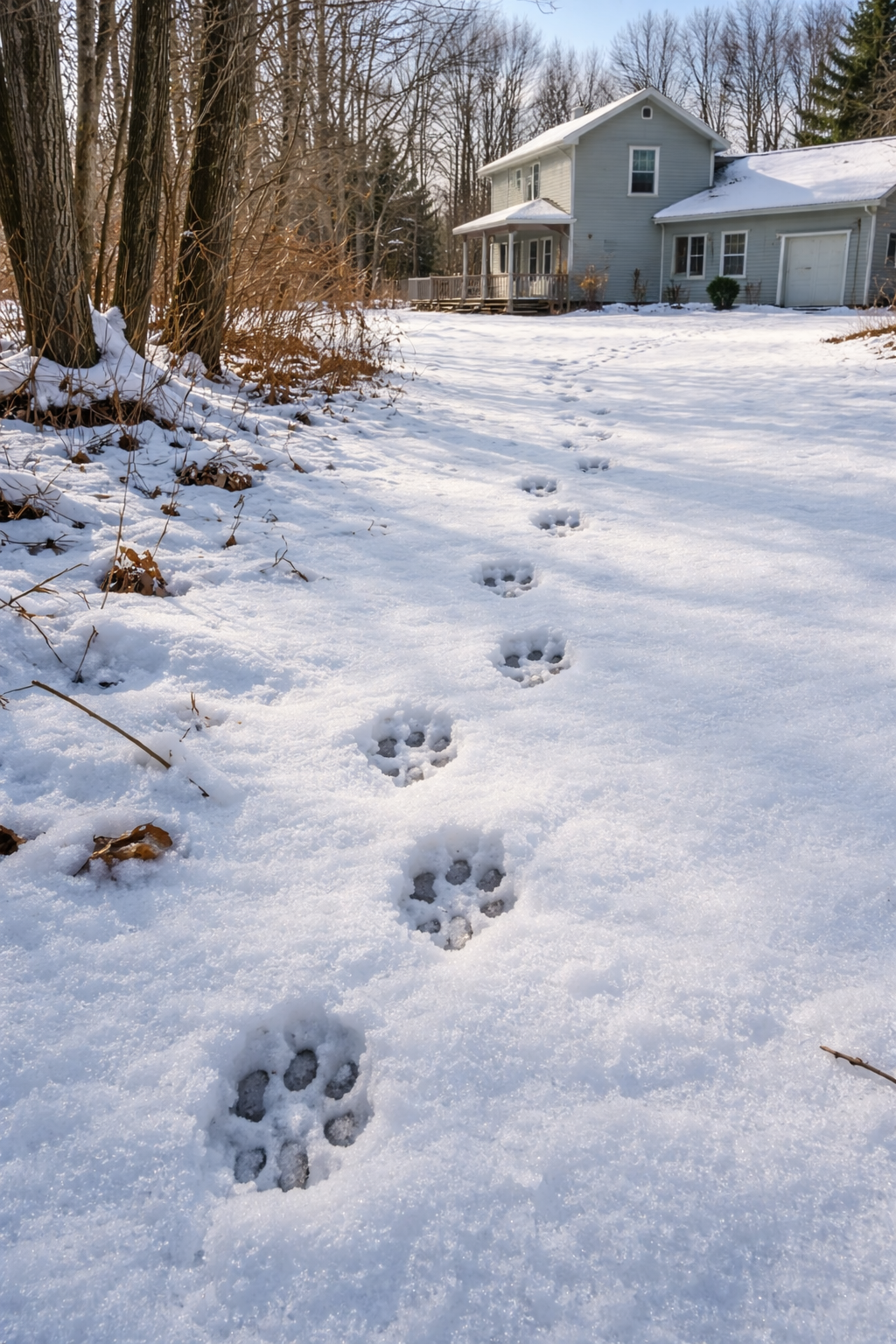Snow-covered yard with animal paw prints leading towards a house in the background during winter.