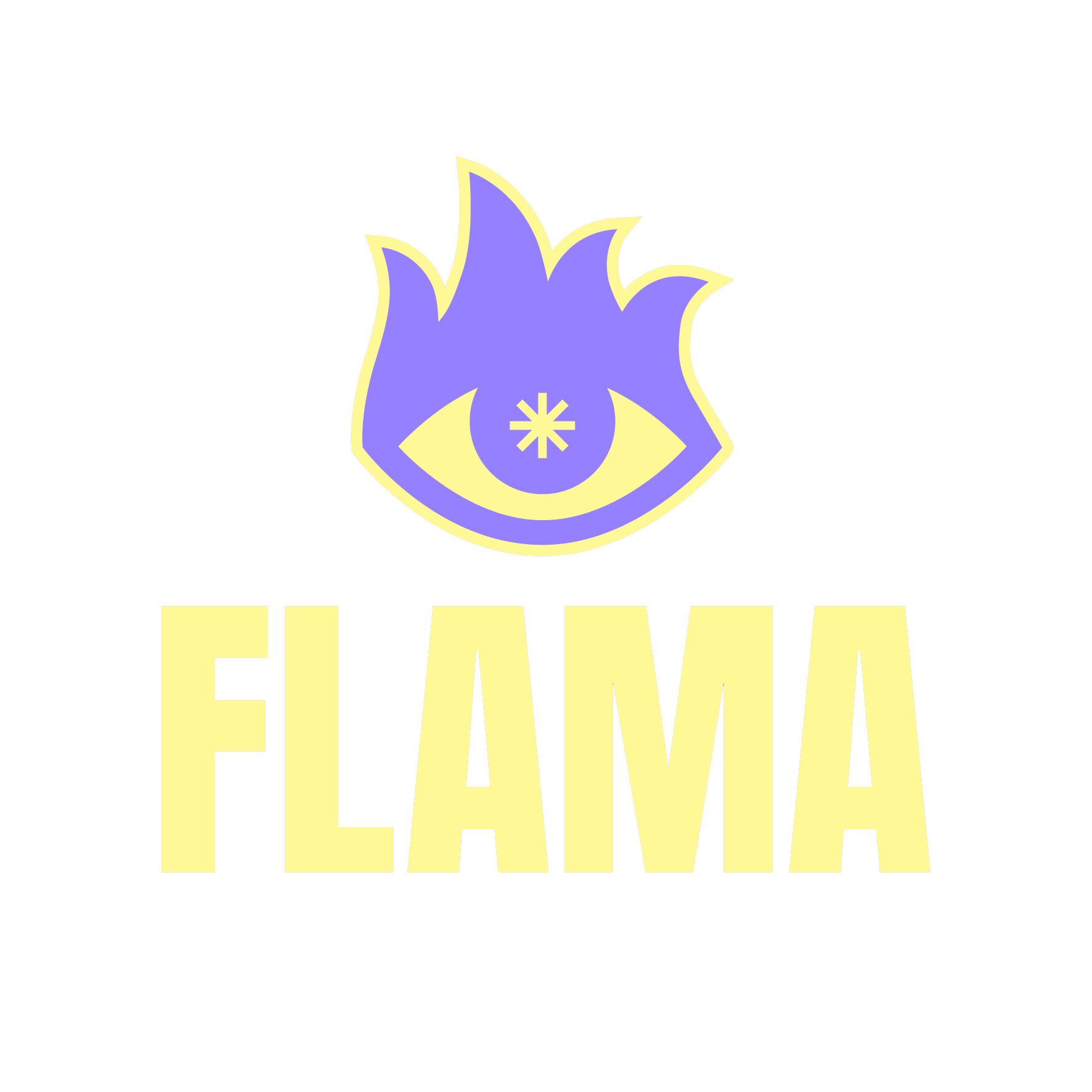 Logo con un ojo en un fuego de color morado y amarillo, y la palabra 'FLAMA' en letras grandes y amarillas debajo.