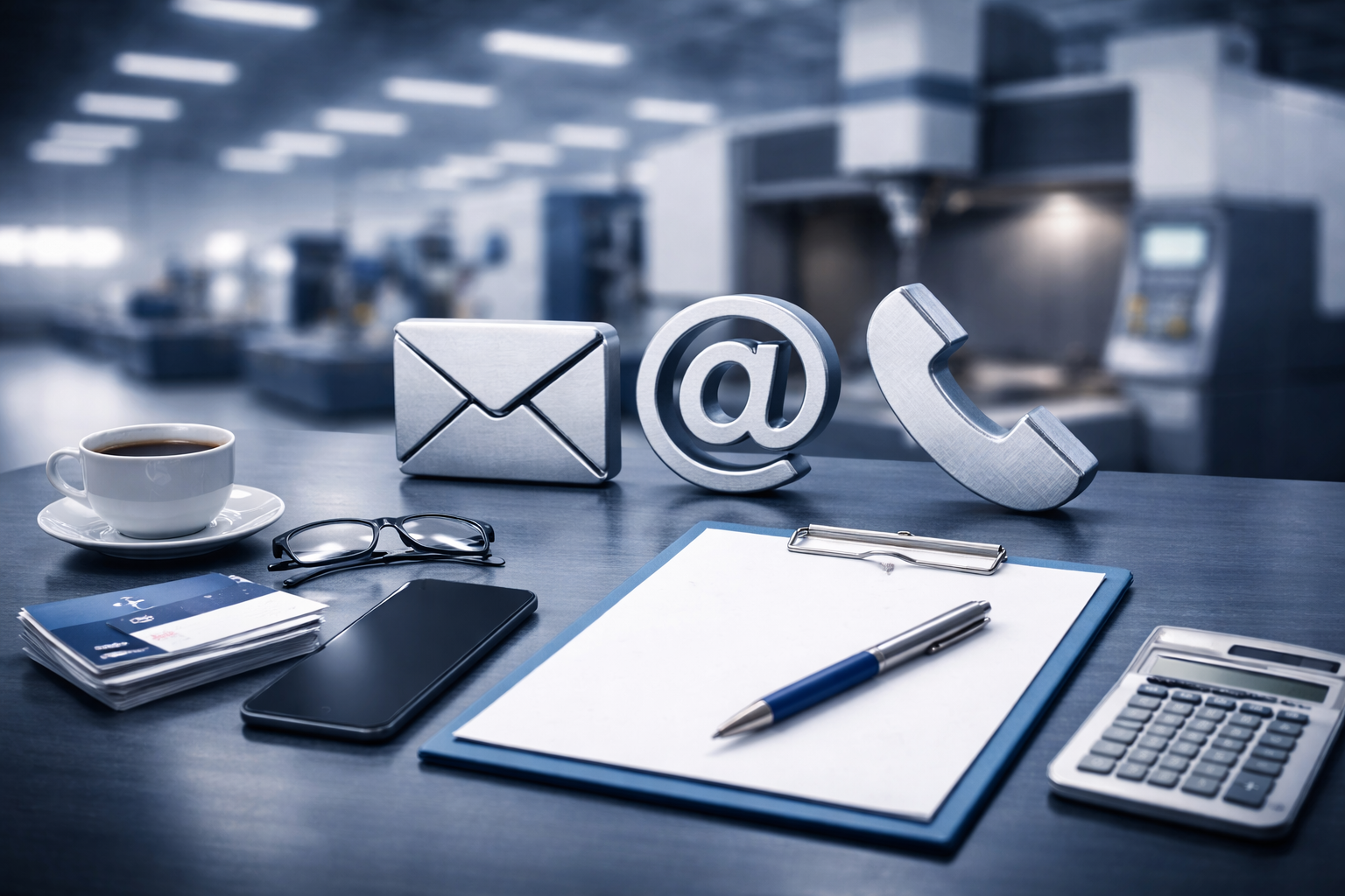 Office desk with a cup of coffee, glasses, a smartphone, a stack of documents, a clipboard with paper and a pen, a calculator, and metallic symbols of email, at sign, and phone on the background.