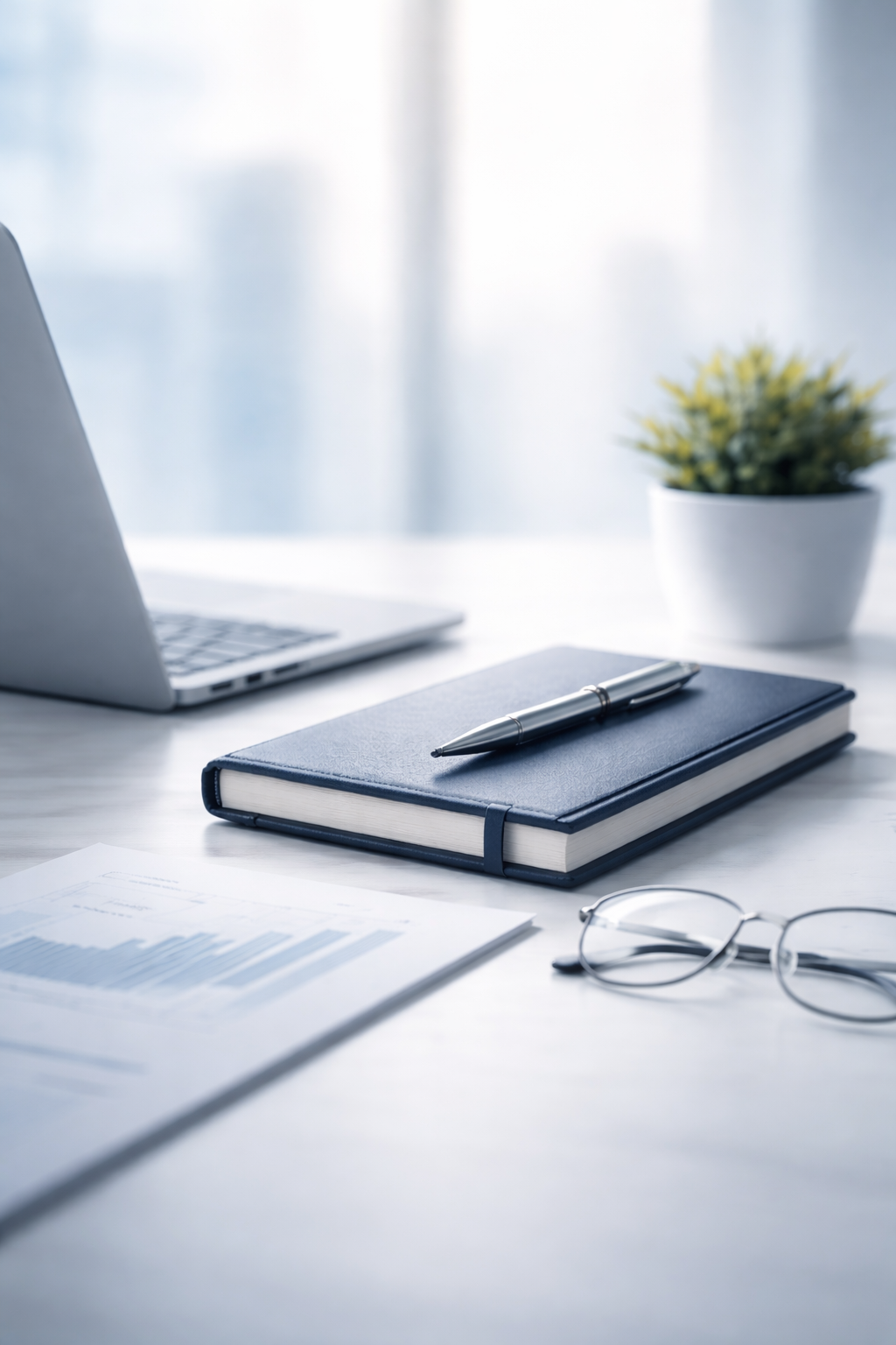 Schreibtisch mit Laptop, Notebook, Kugelschreiber, Brille, Dokumenten und Topfpflanze, eingefangen bei Tageslicht.