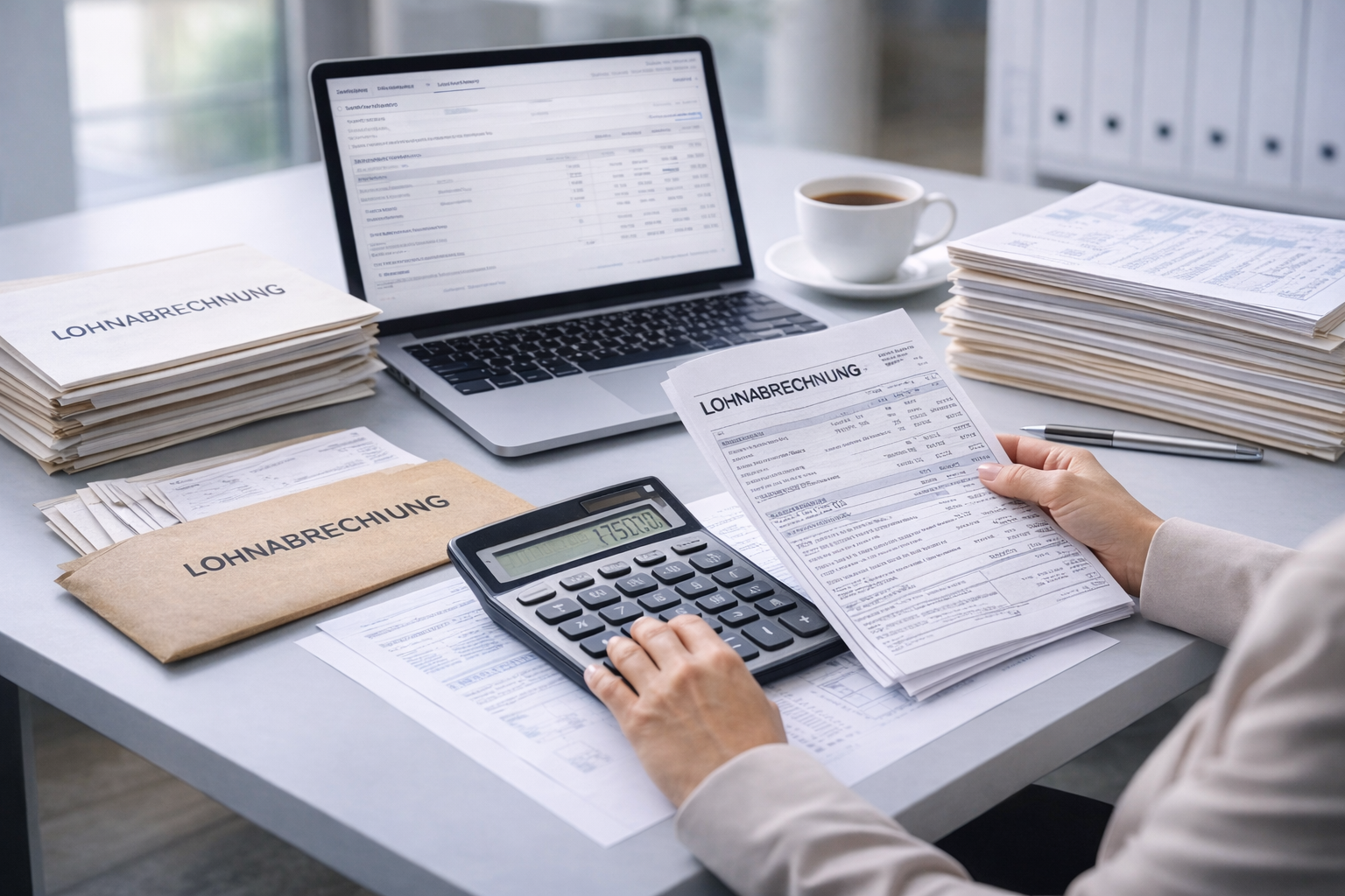 Büroarbeitsplatz mit Dokumenten, Laptop, Taschenrechner, Kaffeetasse und Aktenordner, Fokus auf eine Person, die eine Lohnabrechnung prüft.
