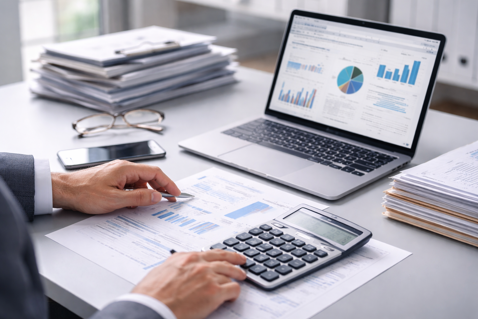Geschäftsmann arbeitet an Finanzberichten mit einem Taschenrechner, Laptop mit Diagrammen, E-Mail-Posteingang auf dem Bildschirm, und mehreren Papierstapeln auf einem Schreibtisch.
