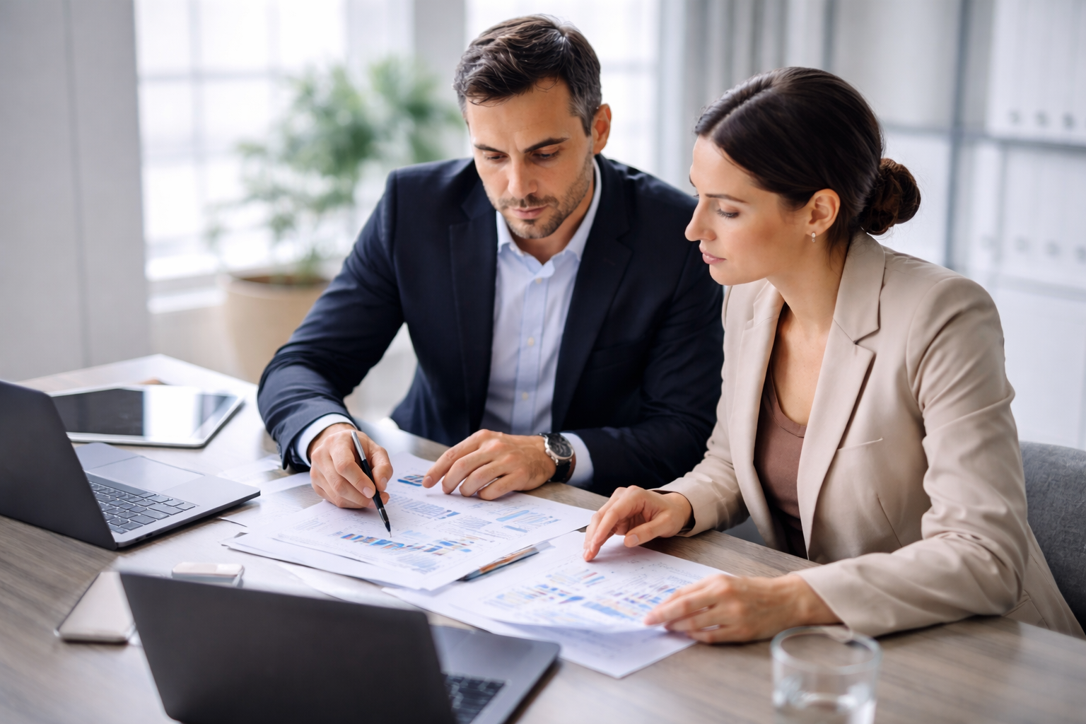 Zwei Geschäftsleute arbeiten zusammen an Finanzberichten in einem Büro.
