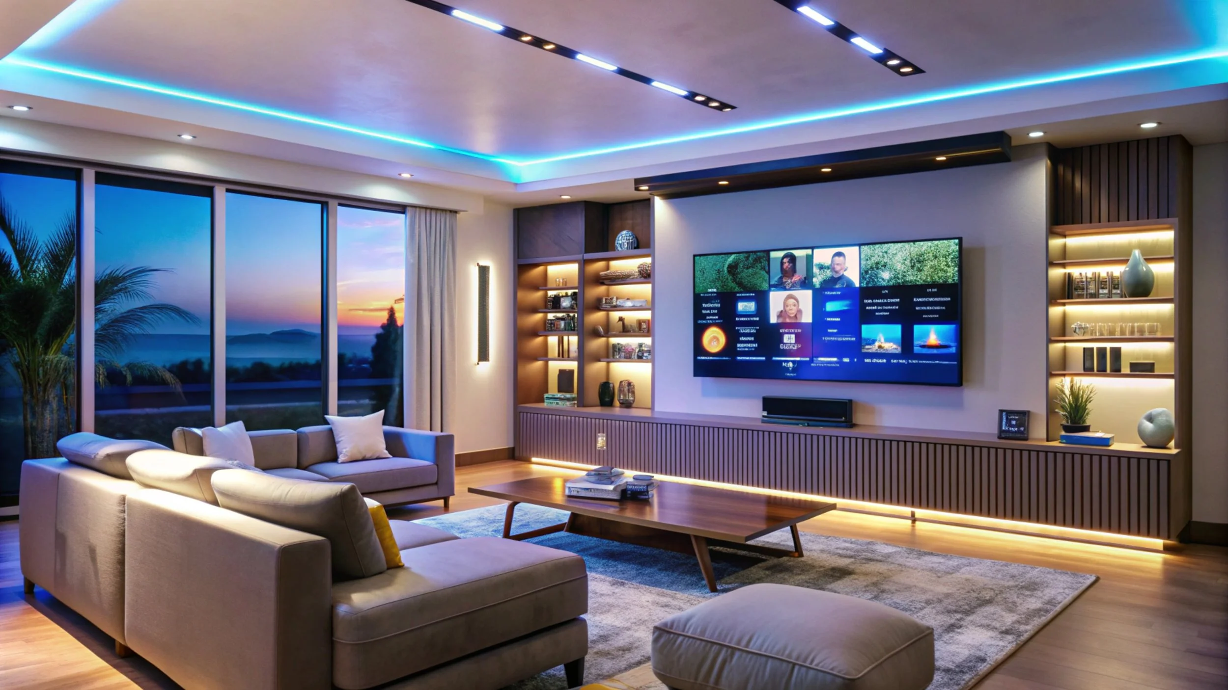 Modern living room with large windows showing sunset view, beige sofas, wooden coffee table, built-in shelves with decorative items, large TV screen, and LED lighting accents on ceiling and around shelves.