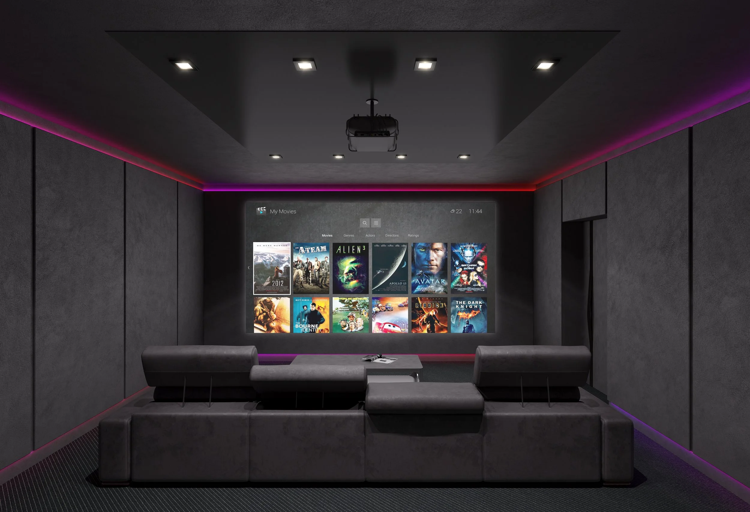 Home theater room with gray walls, a ceiling-mounted projector, a large screen displaying movie options, and black leather seating, illuminated by purple ambient lighting.