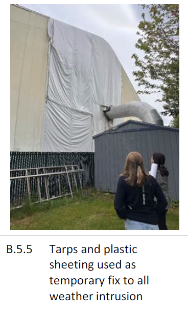 Hood River Pool is failing. Large white tarp covering the tent, which is held in place by plastic sheeting used as a temporary weatherproofing measure.