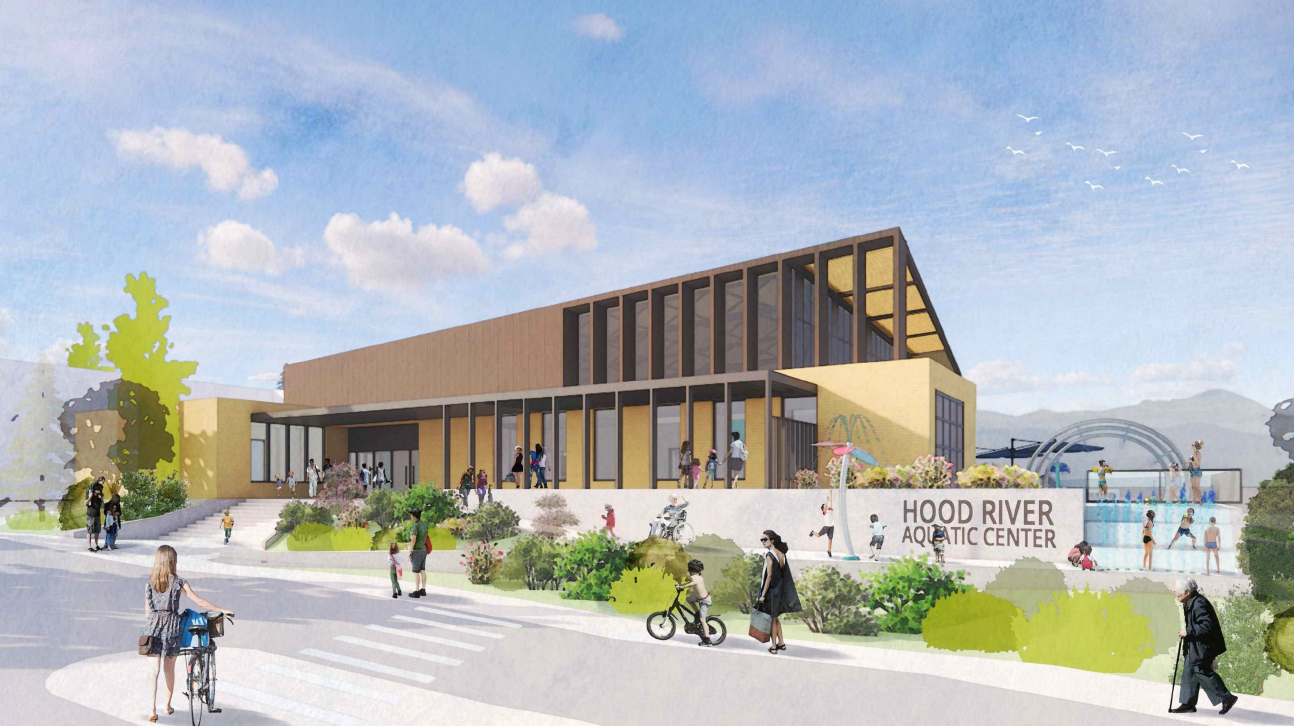 Illustration of the Hood River Aquatic Center, a modern building with large glass windows, surrounded by people including children, adults, cyclists, and swimmers, with a splash pad or pool area, greenery, and a clear sky with clouds and birds.